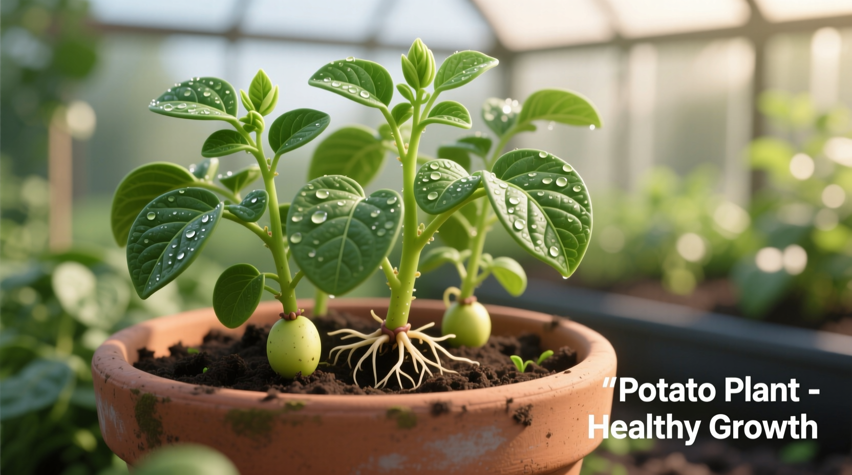 Healthy potato plant growing in container with visible green shoots