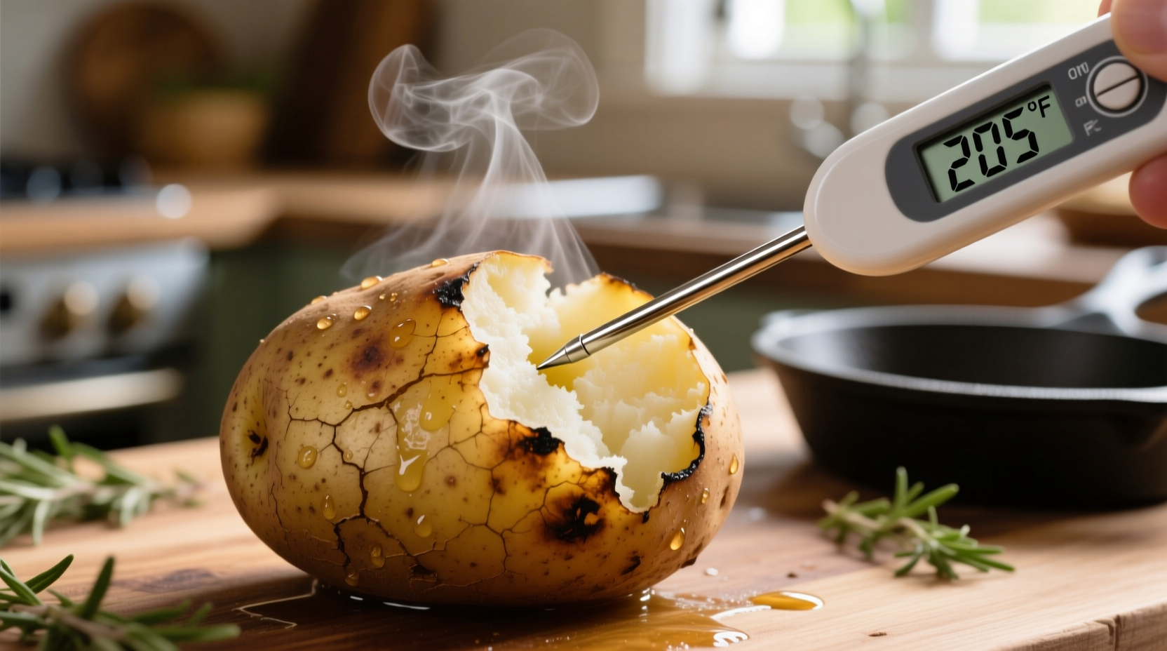 Thermometer checking baked potato temperature