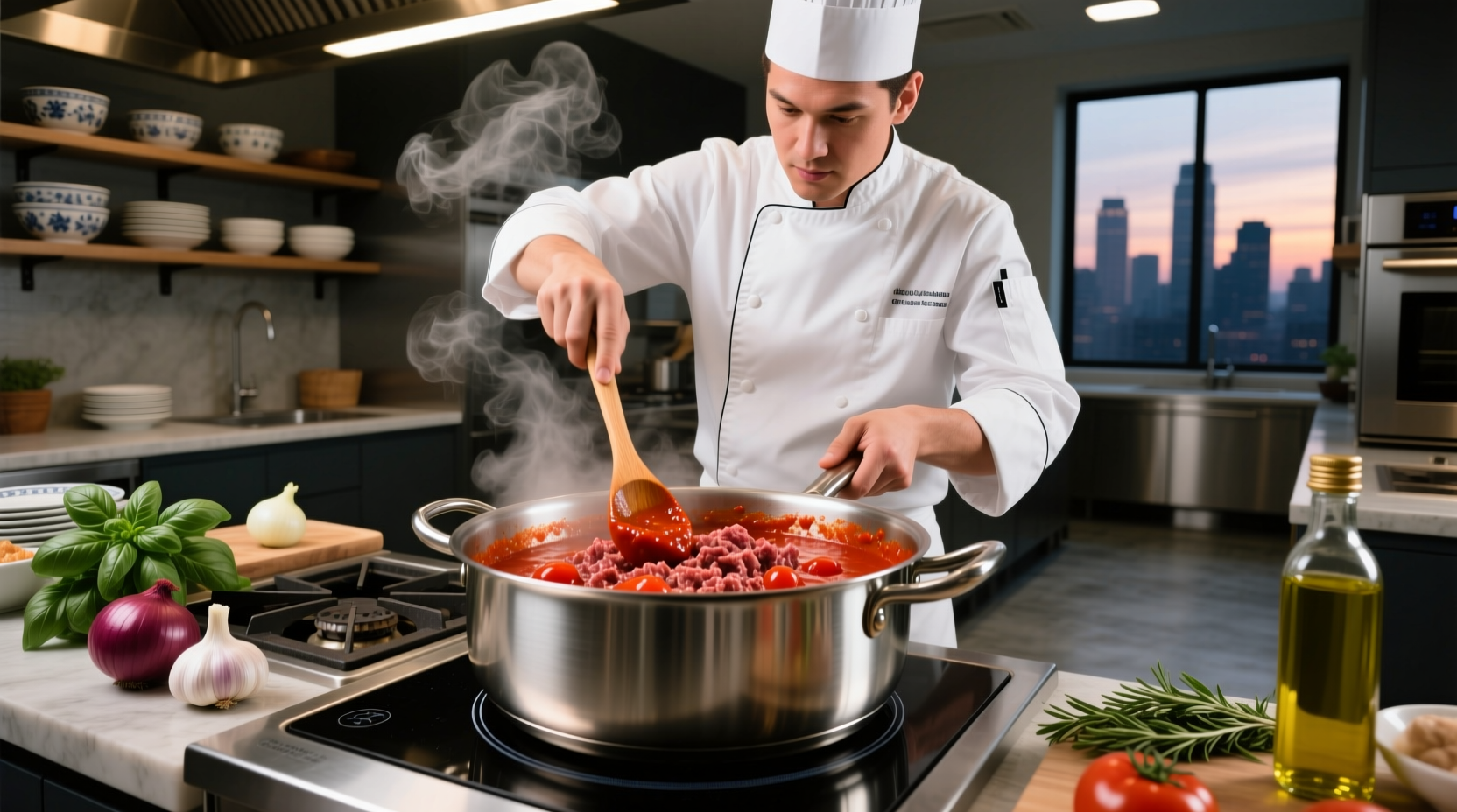 Professional chef preparing ground beef tomato sauce in stainless steel pot