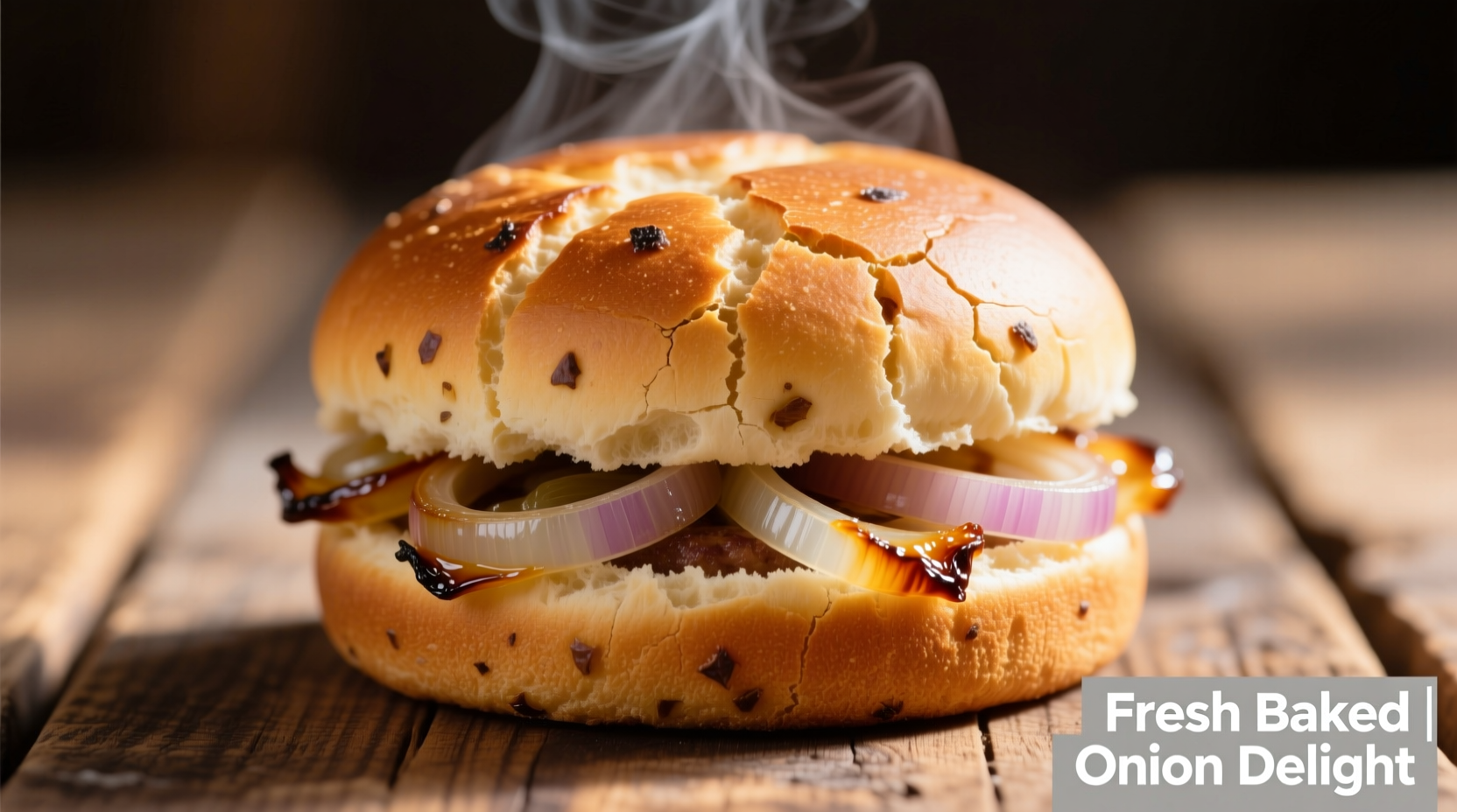 Freshly baked onion burger buns with visible onion flecks