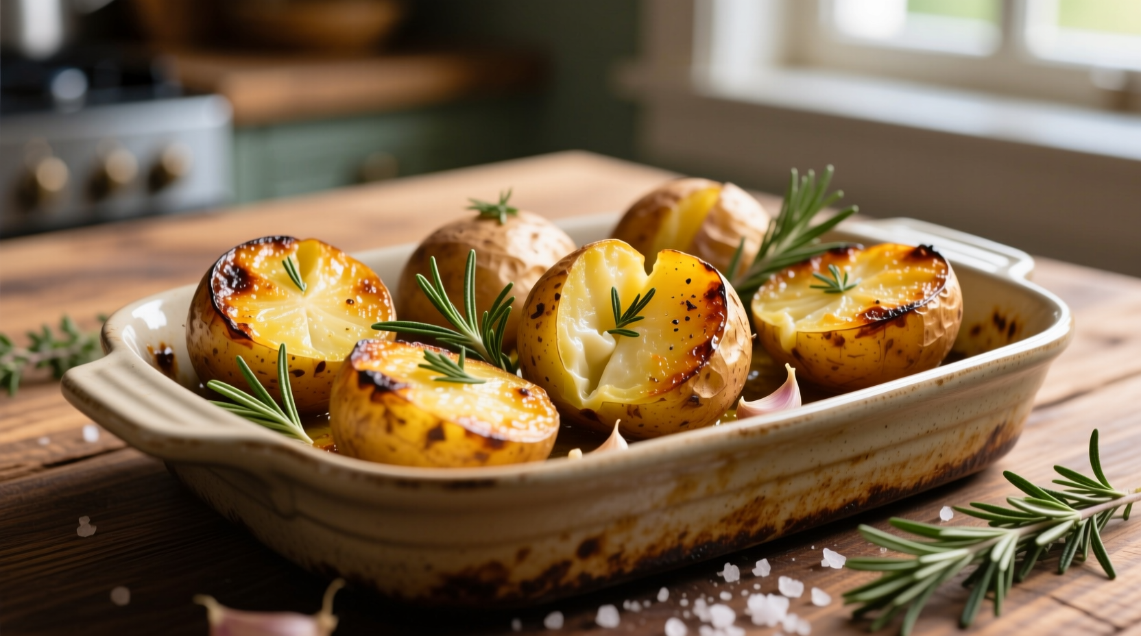 Golden roasted Yukon Gold potatoes with herbs