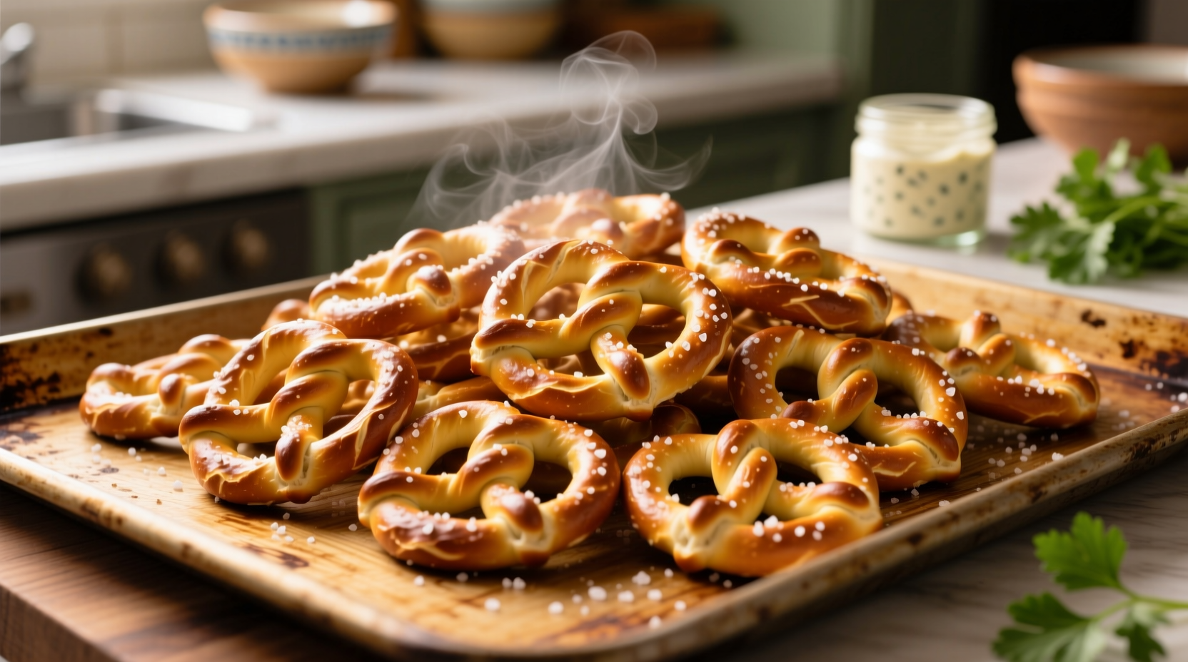 Golden garlic ranch pretzels on baking sheet