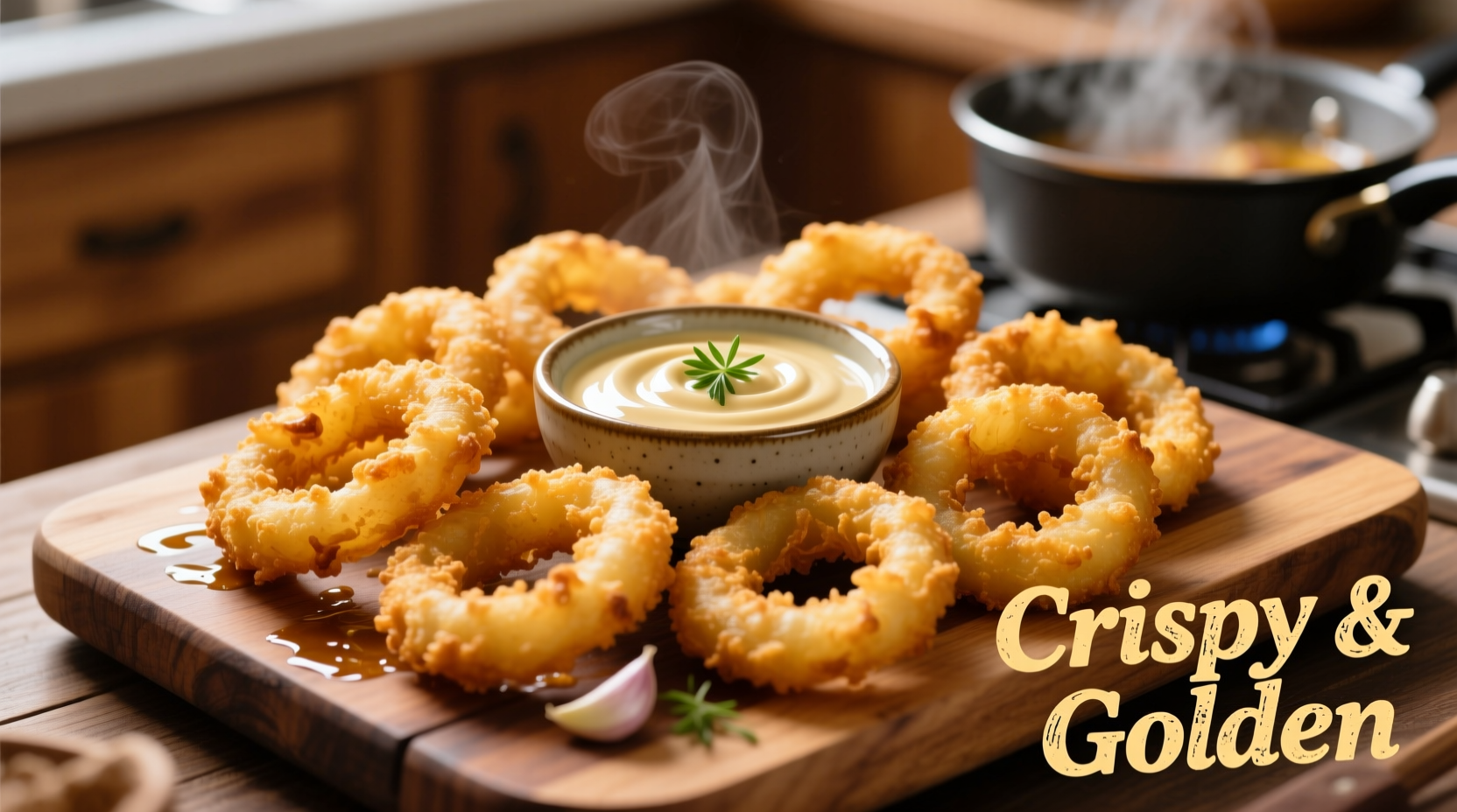 Golden fried onion rings on wooden board with dipping sauce