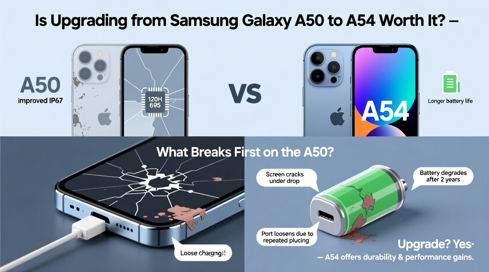 is upgrading from samsung a50 to a54 worth it what breaks first on the a50