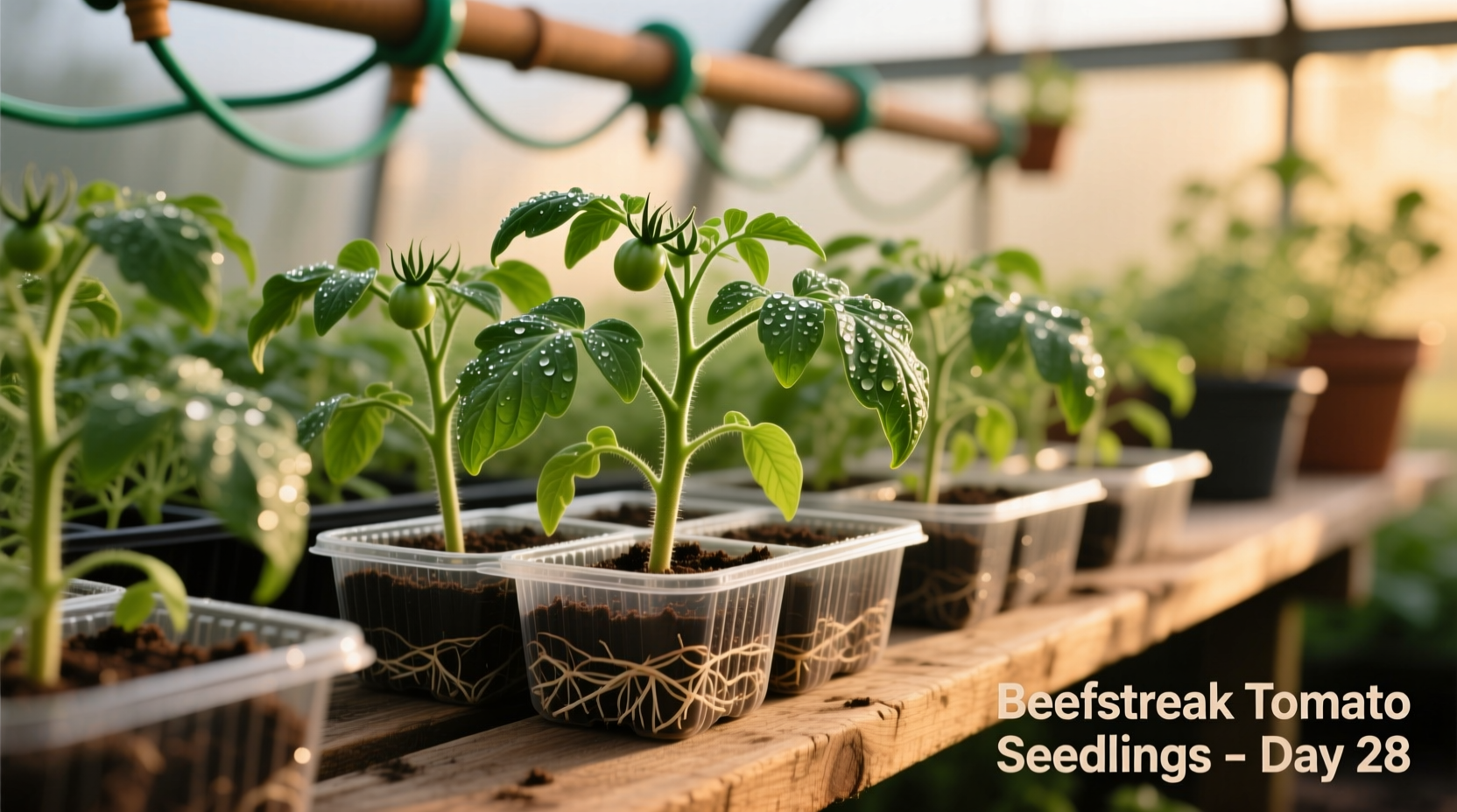 Healthy beefsteak tomato seedlings in starter trays