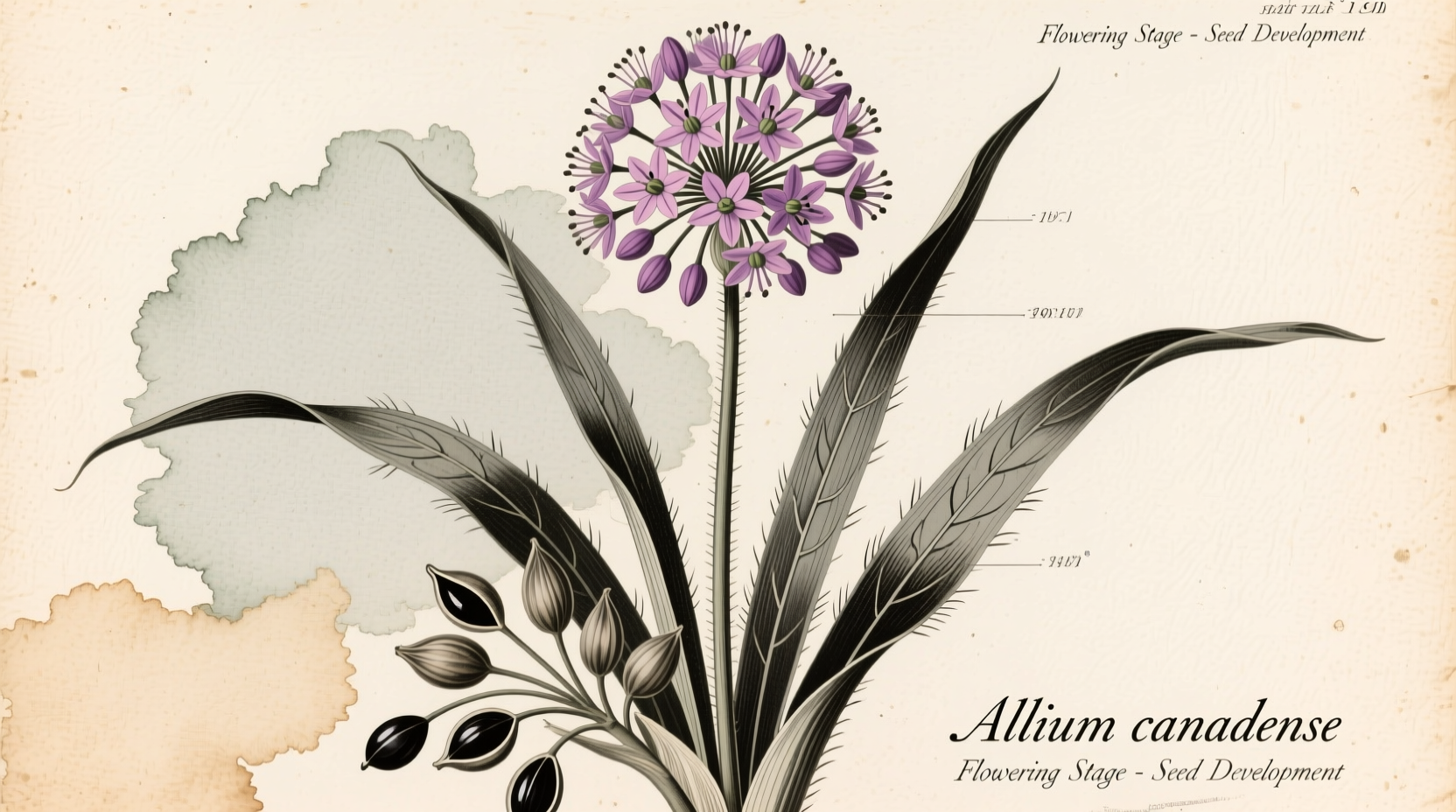 Wild leek plant with flower stalk and developing seeds