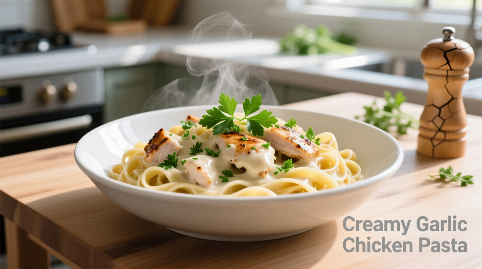 Creamy garlic chicken pasta in white bowl with fresh parsley