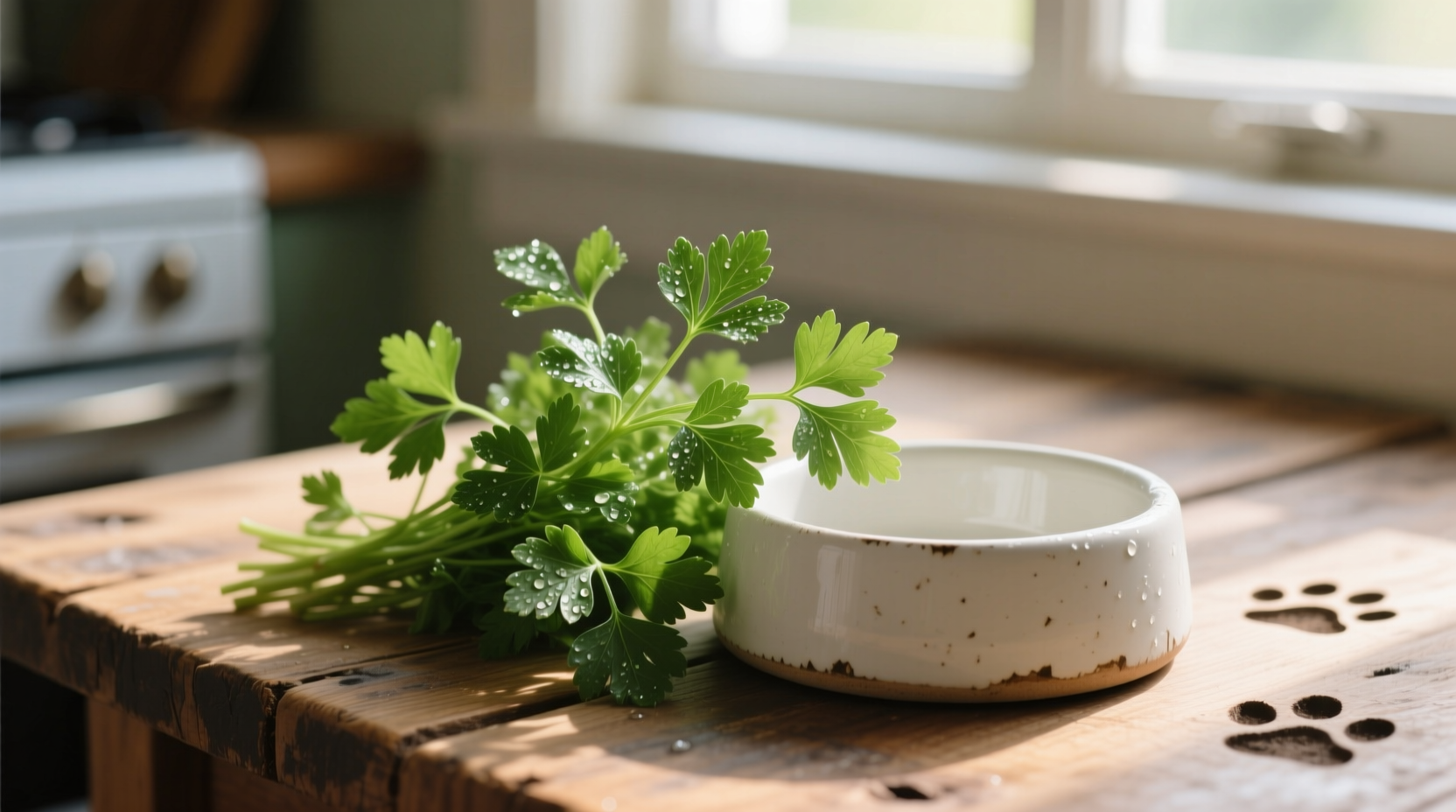 Fresh parsley sprigs next to a dog bowl