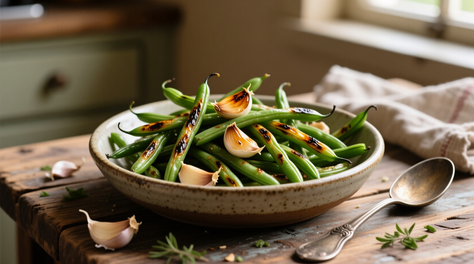 Crisp baked green beans with roasted garlic cloves