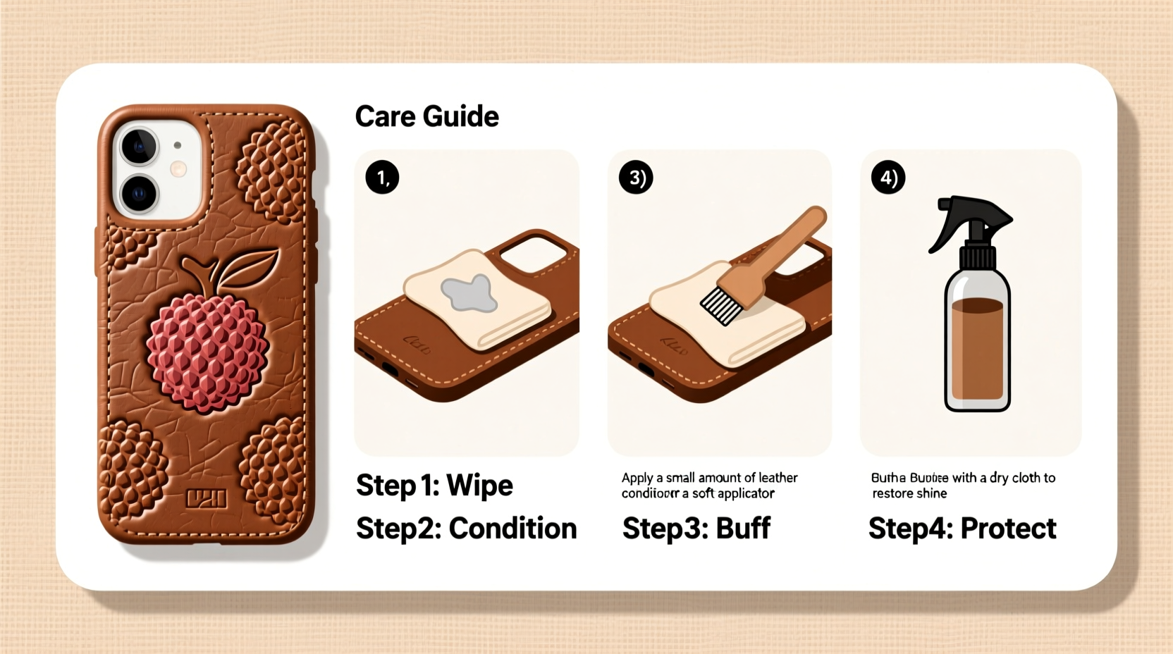 step by step care how to clean and protect your leather phone case with lychee pattern