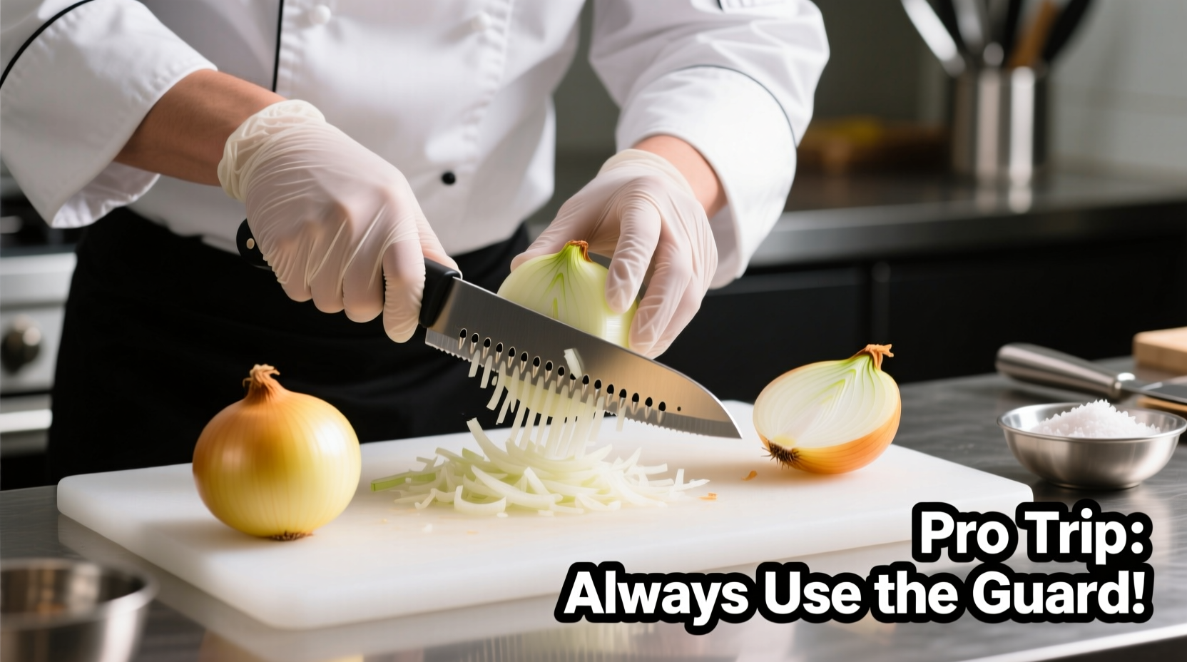 Chef demonstrating proper onion grating technique with mandoline