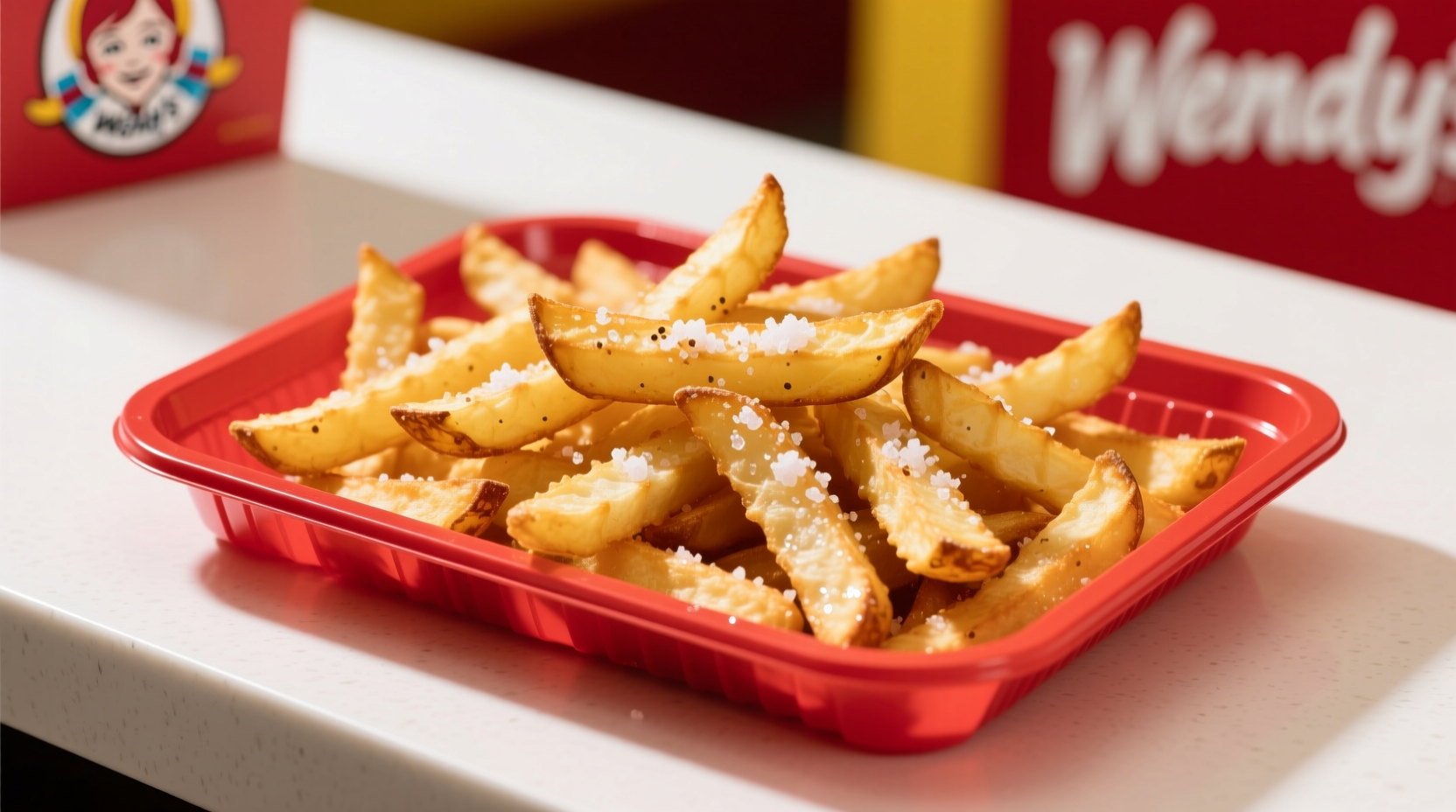 Wendy's potato wedges served in a red tray with sea salt seasoning