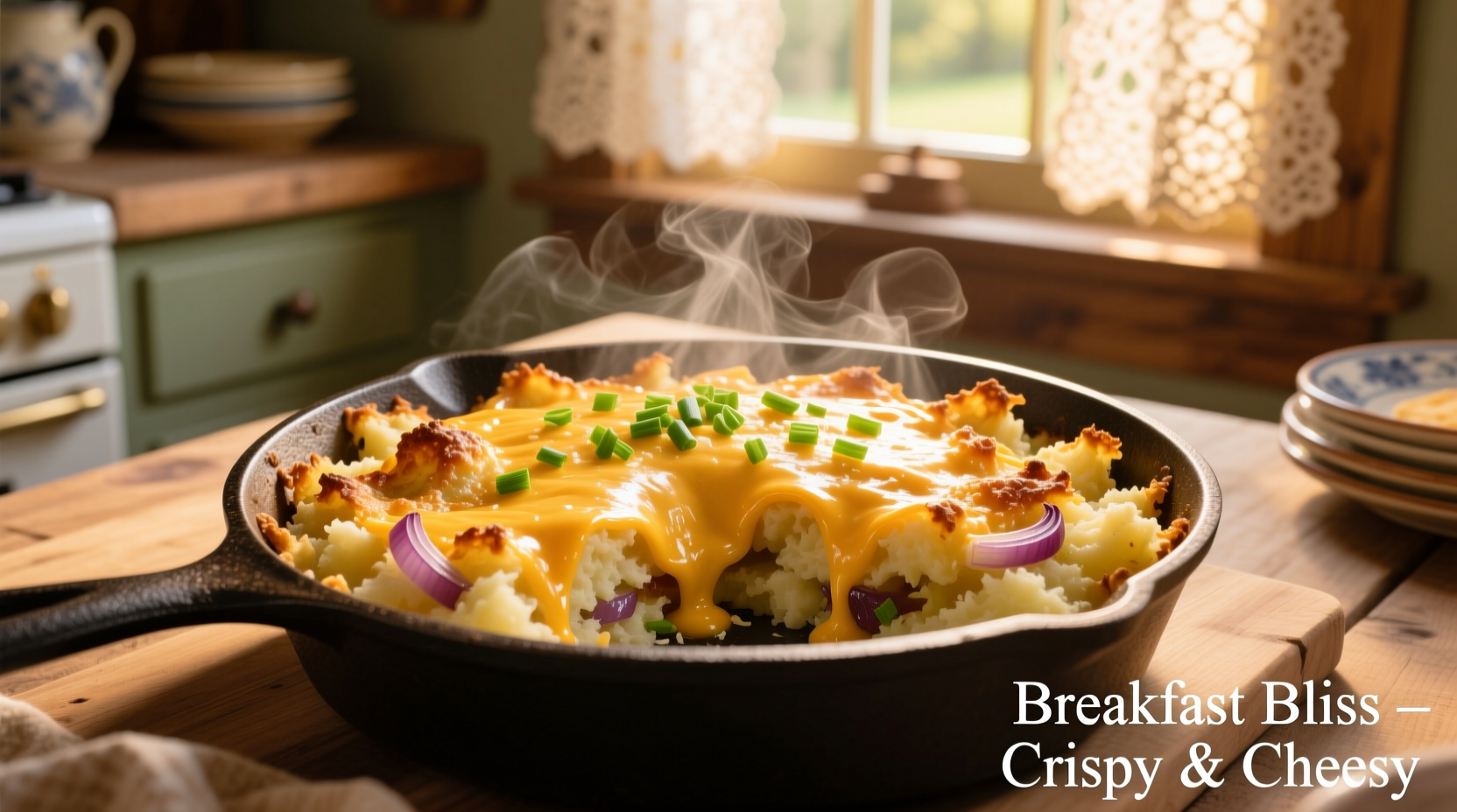 Golden shredded potato breakfast casserole with melted cheese