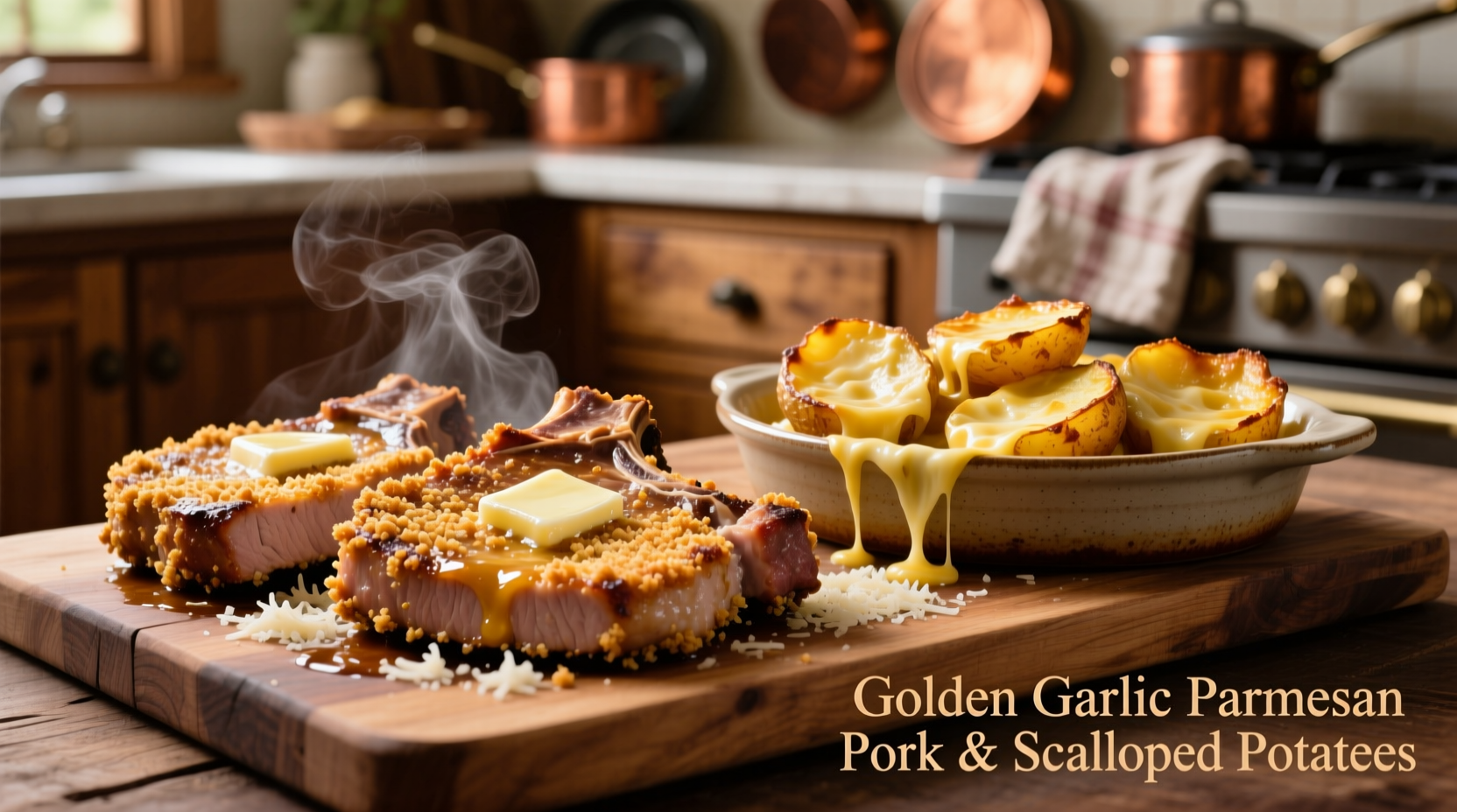 Golden garlic parmesan pork chops with bubbling cheesy scalloped potatoes
