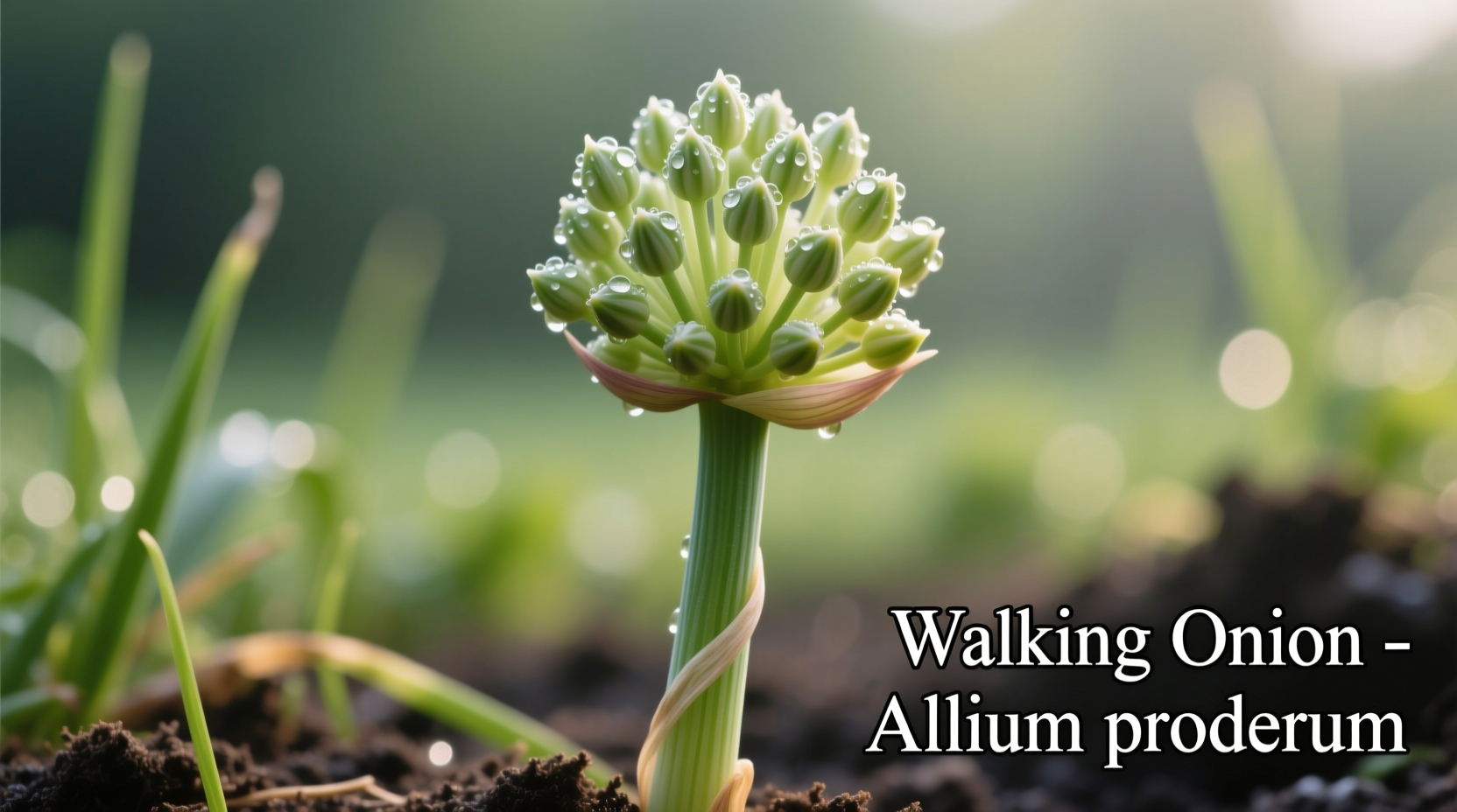 Close-up of walking onion bulbs with bulblets forming at stalk top