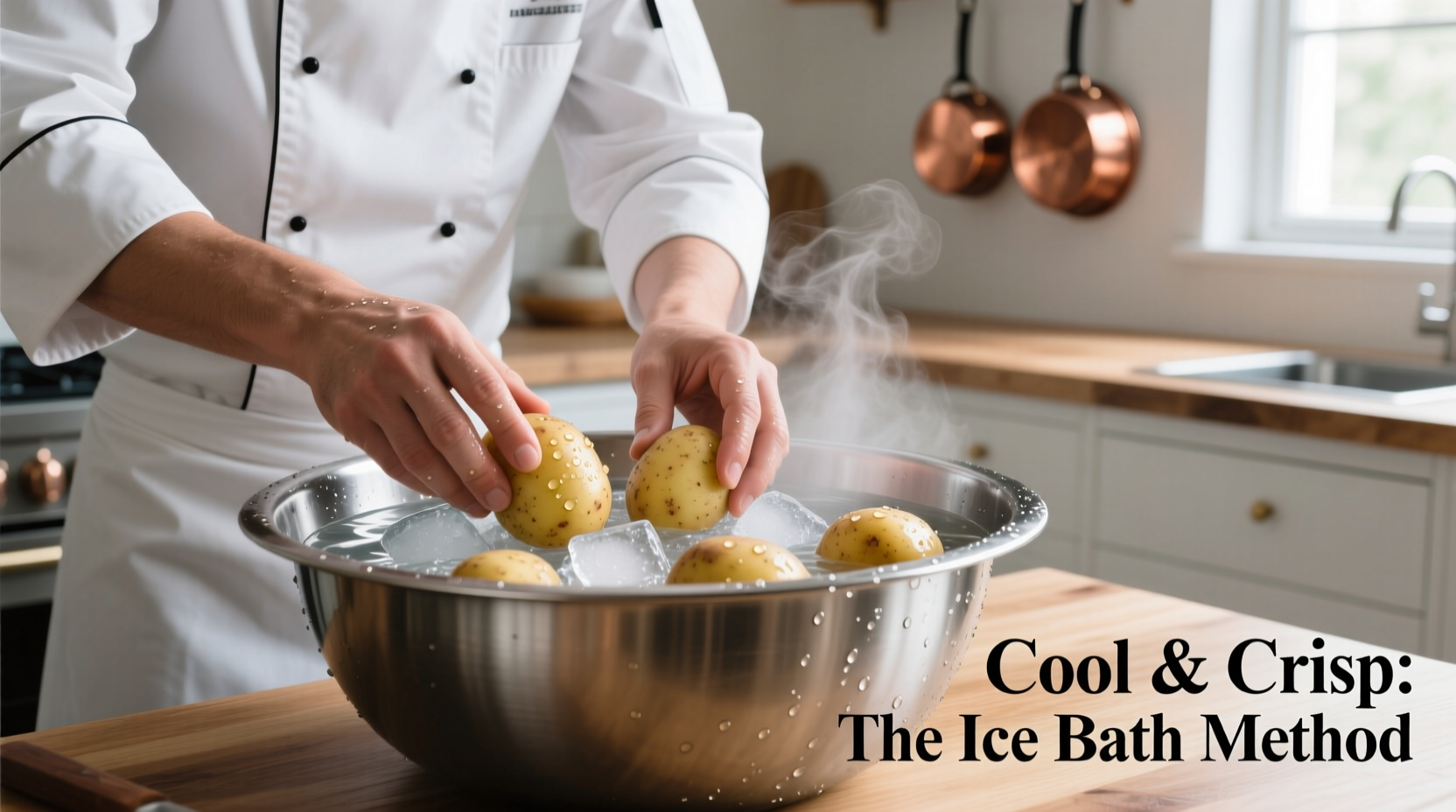 Chef demonstrating ice water bath technique for potatoes