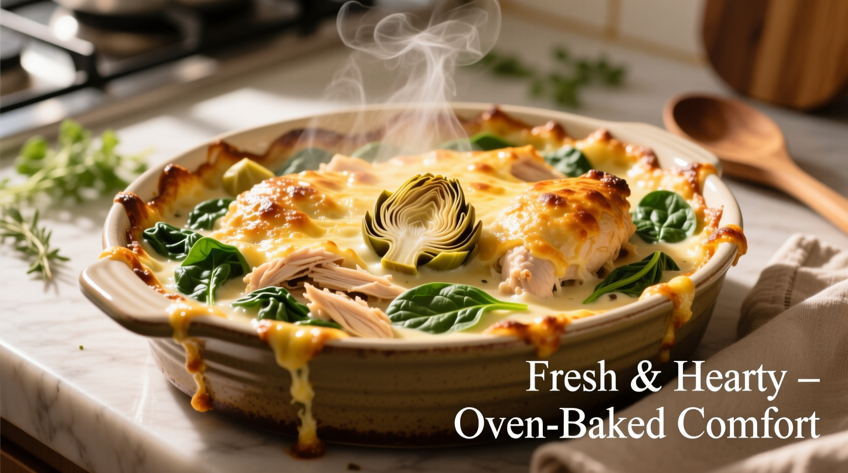 Golden chicken spinach artichoke casserole fresh from oven