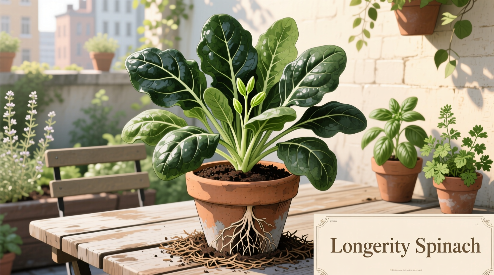 Longevity spinach plant growing in container garden
