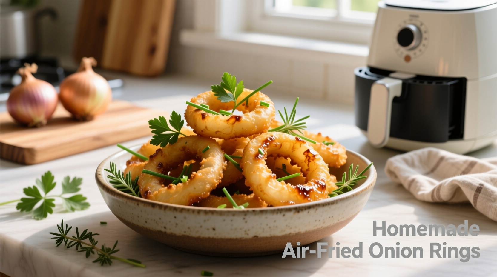 Homemade air-fried onion rings with fresh herbs