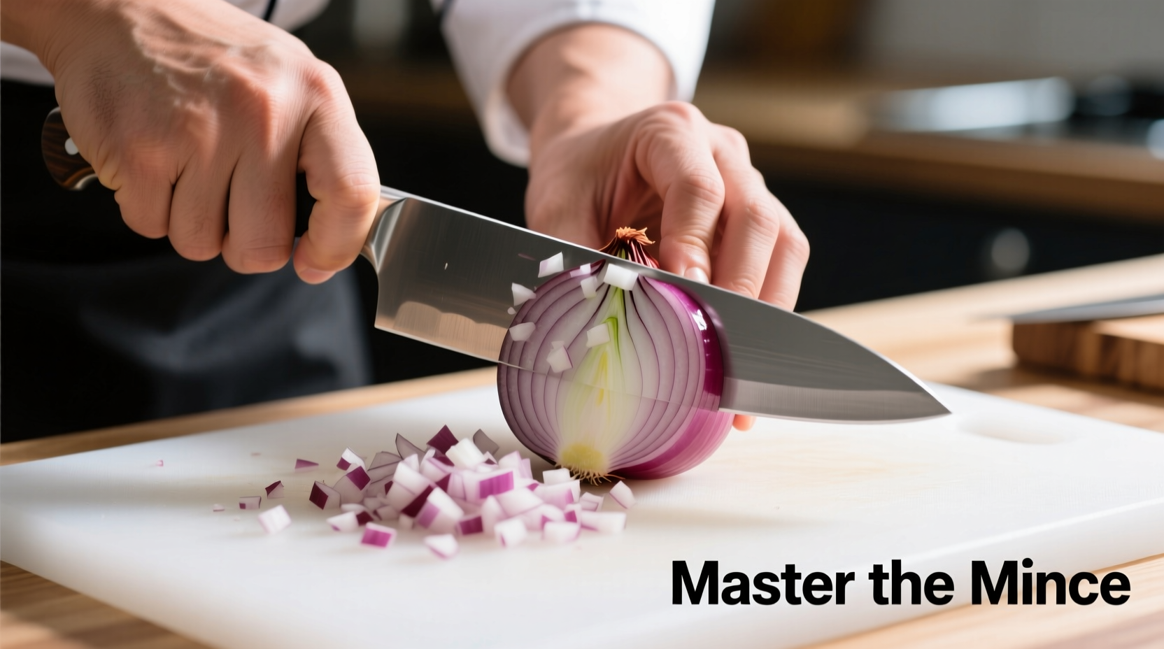 Chef's hand demonstrating proper onion mincing technique with chef's knife
