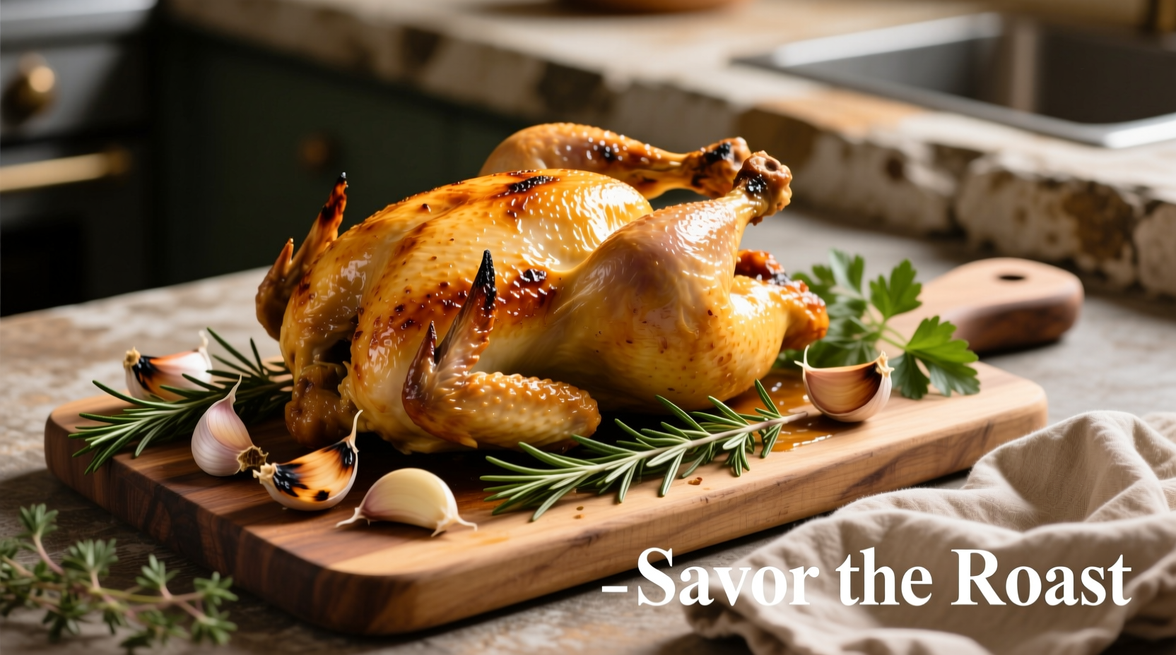 Golden roasted chicken with garlic cloves and herbs