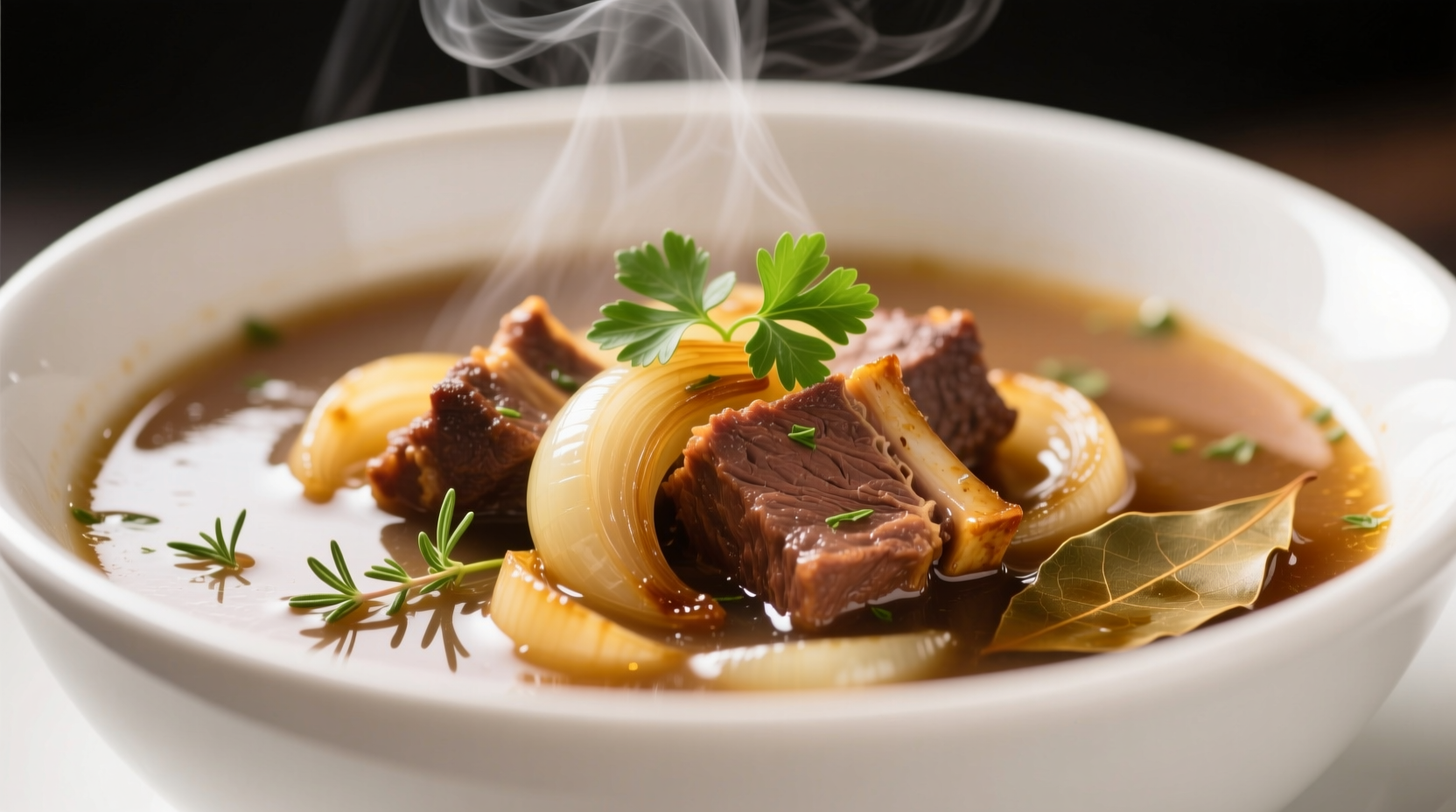 Rich French onion beef short rib soup in white bowl