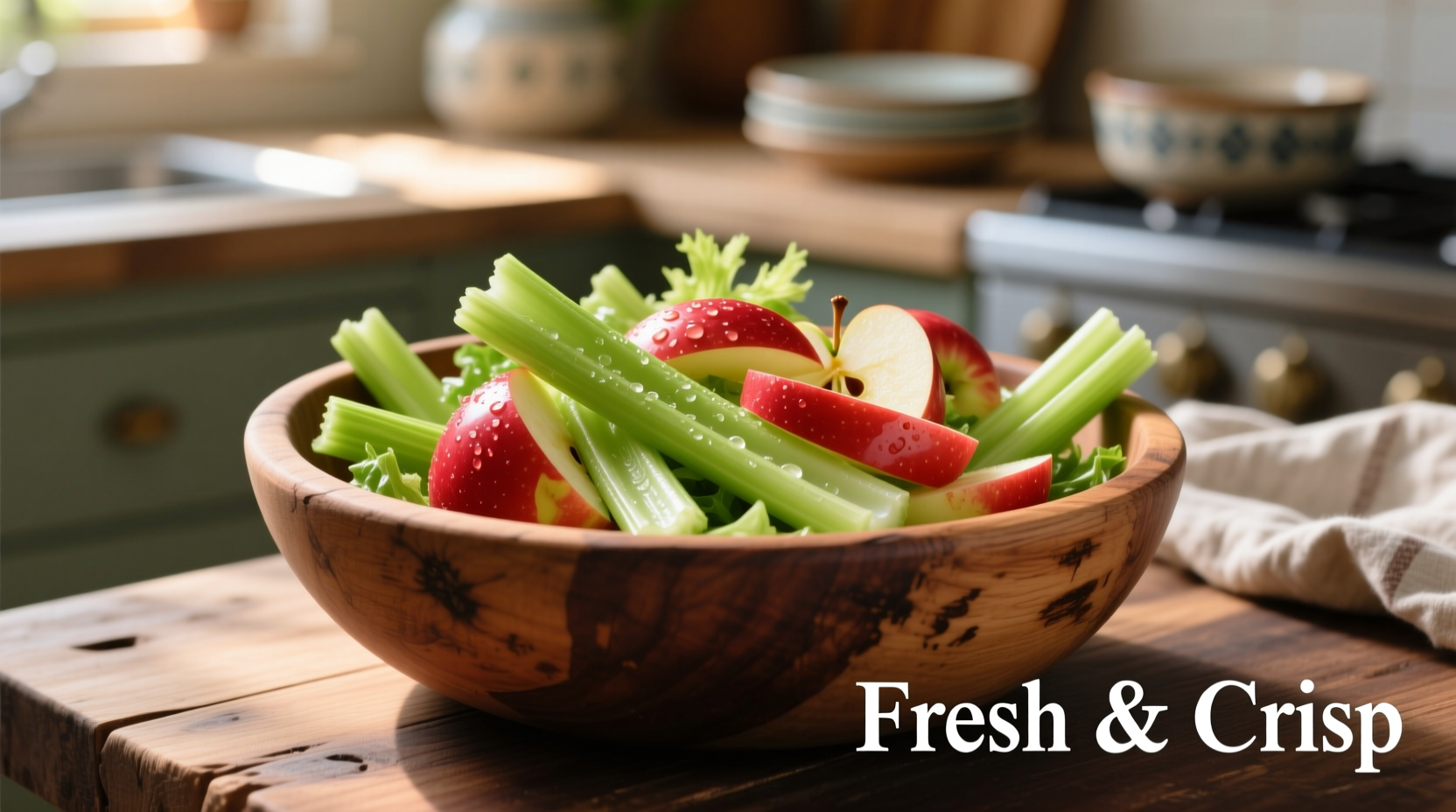 Fresh apple celery salad in wooden bowl