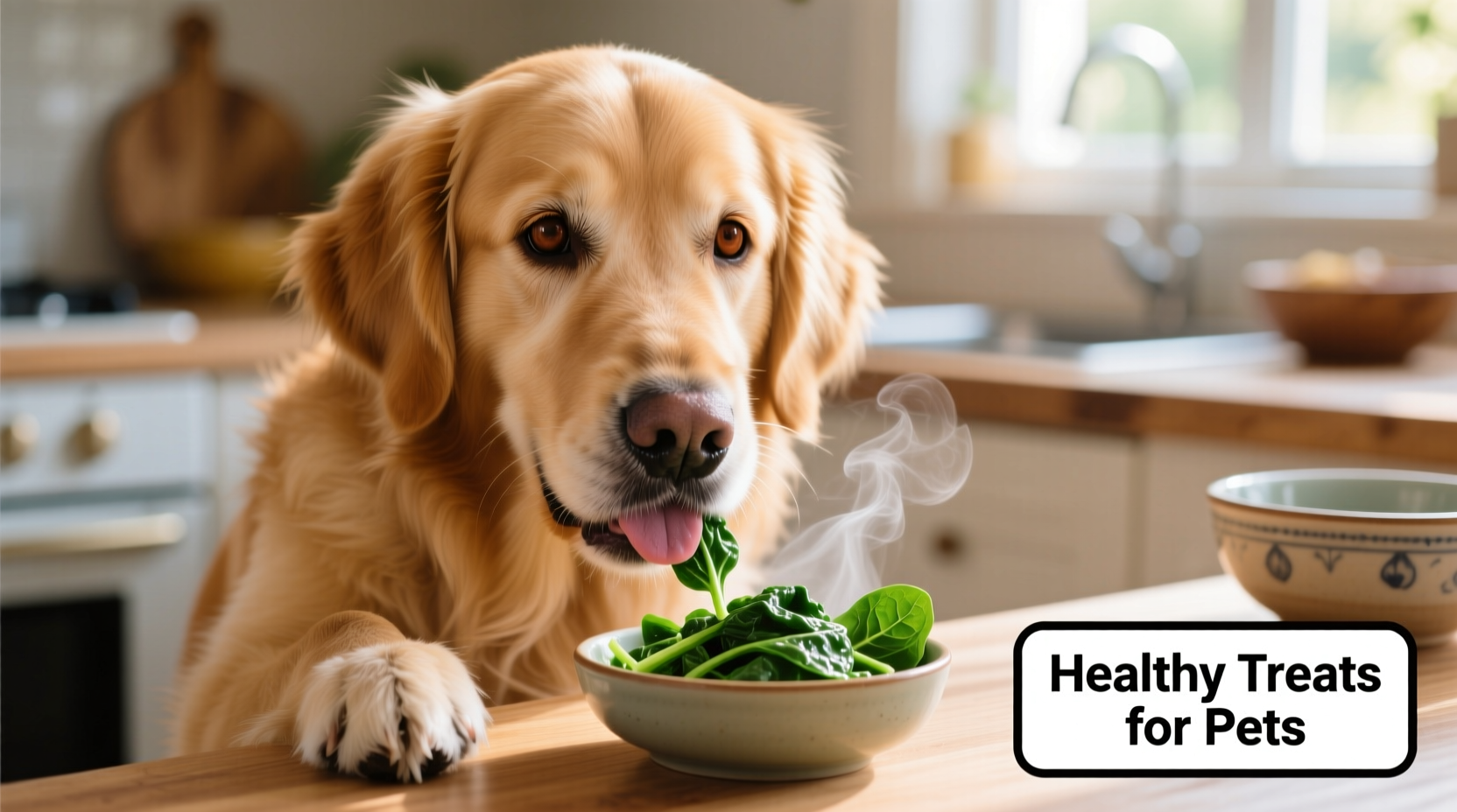 Golden Retriever eating small portion of cooked spinach