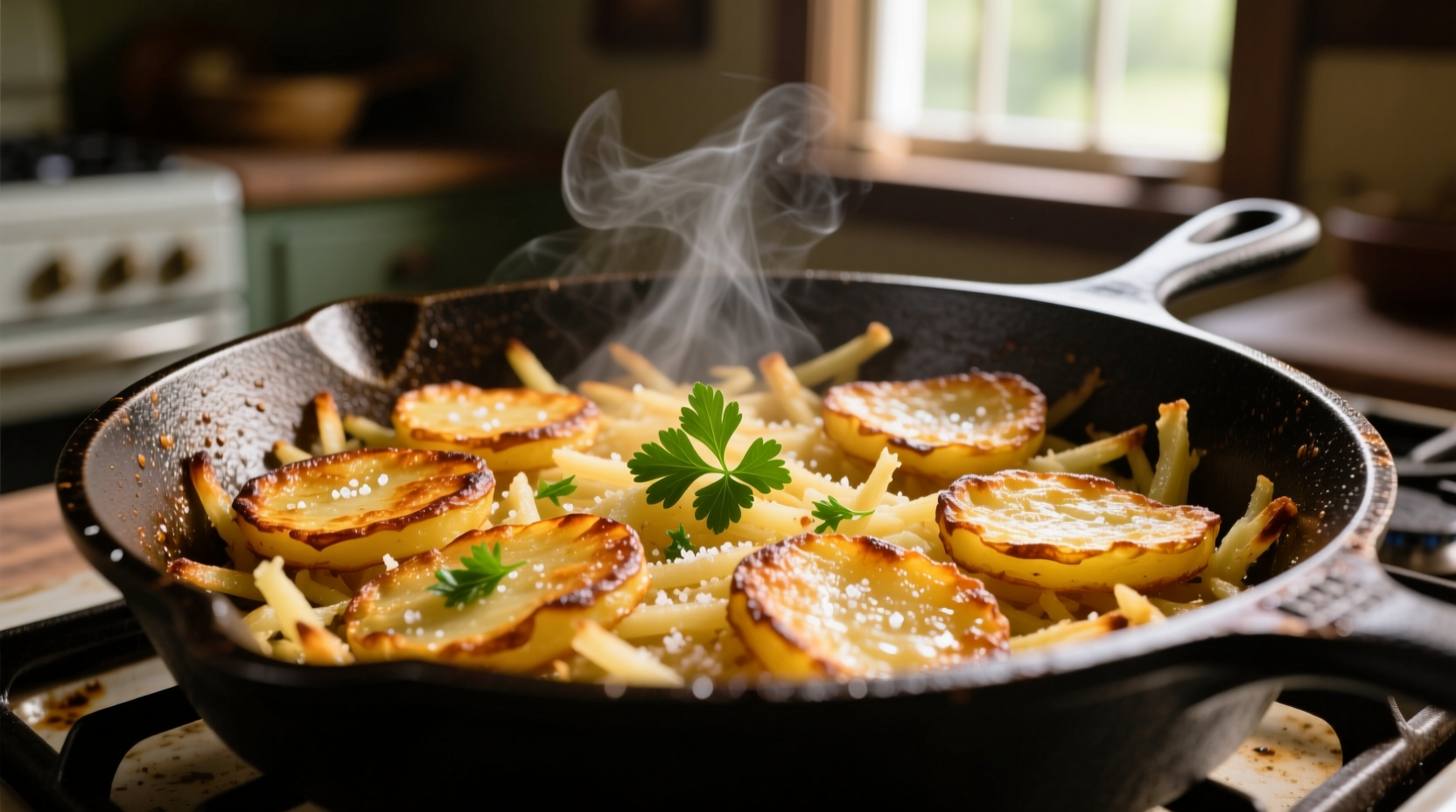Golden crispy potato hash browns in cast iron skillet