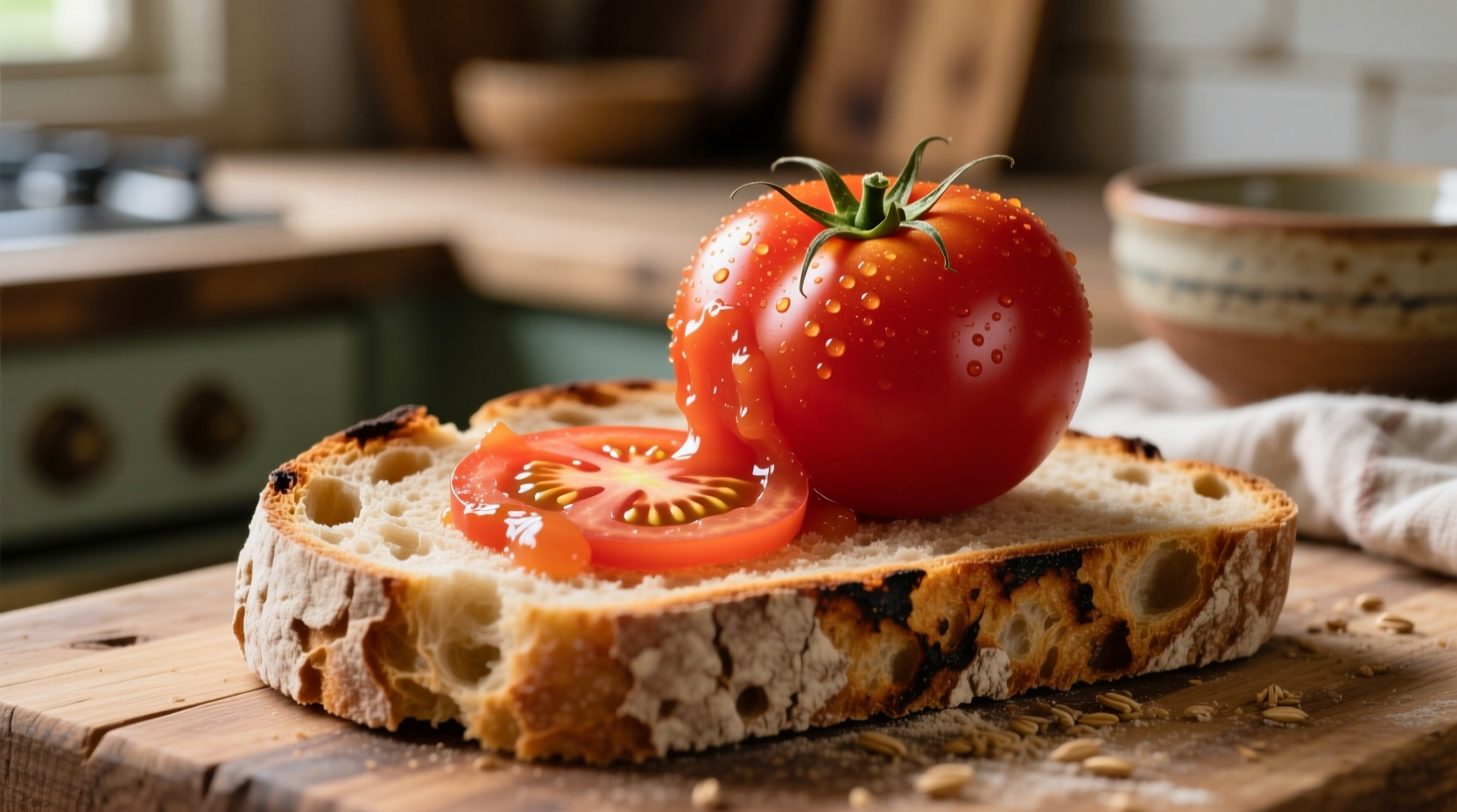 Fresh tomato rubbed on rustic bread slice
