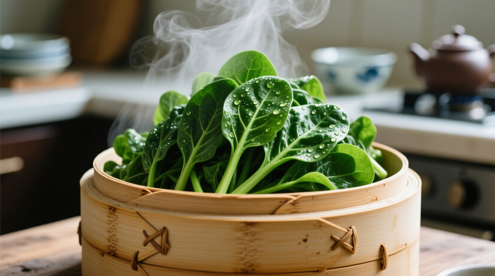 Perfectly steamed vibrant green spinach in bamboo steamer