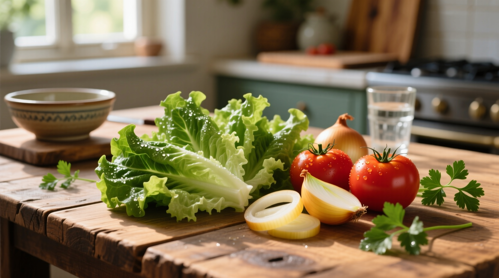 Frische Salat- und Tomatenzutaten auf Holztisch