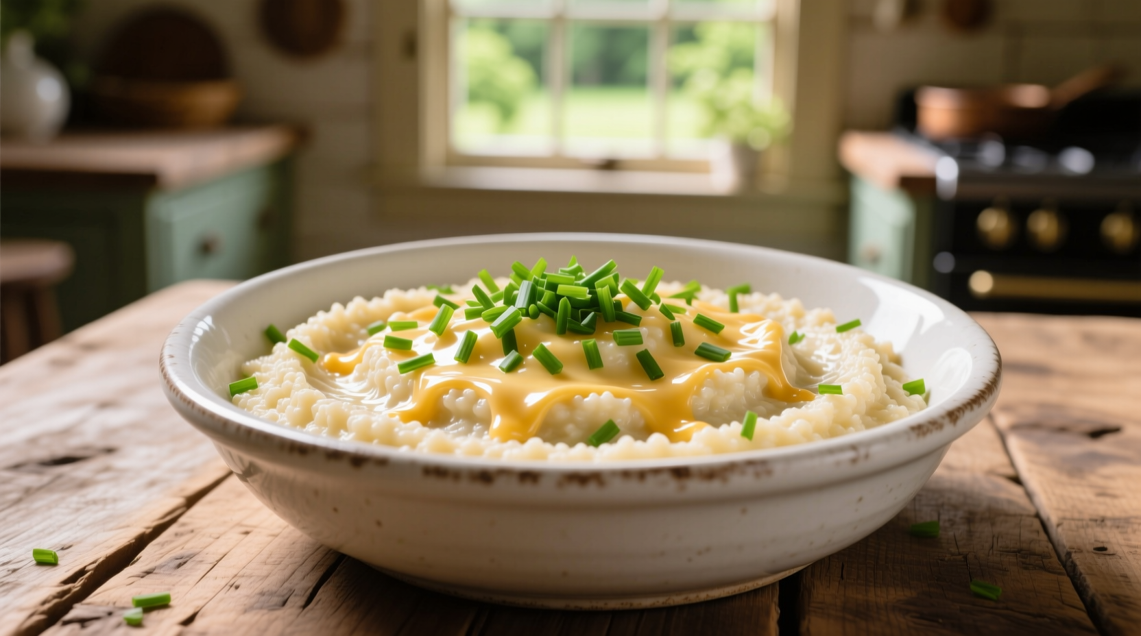 Creamy garlic cheese grits in white bowl with chives