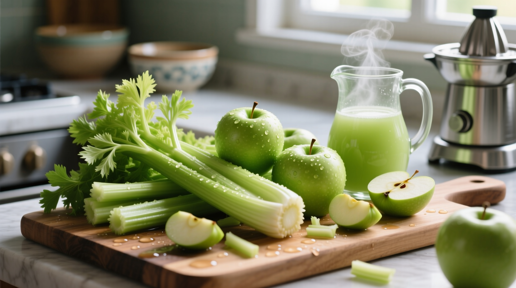 Fresh celery and green apples for juice preparation