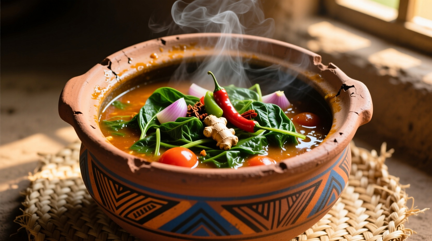Traditional Ghanaian spinach stew in clay pot