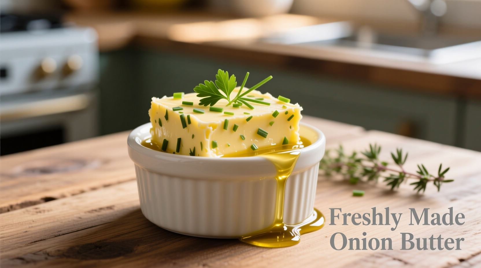 Freshly made onion butter in ramekin with herbs