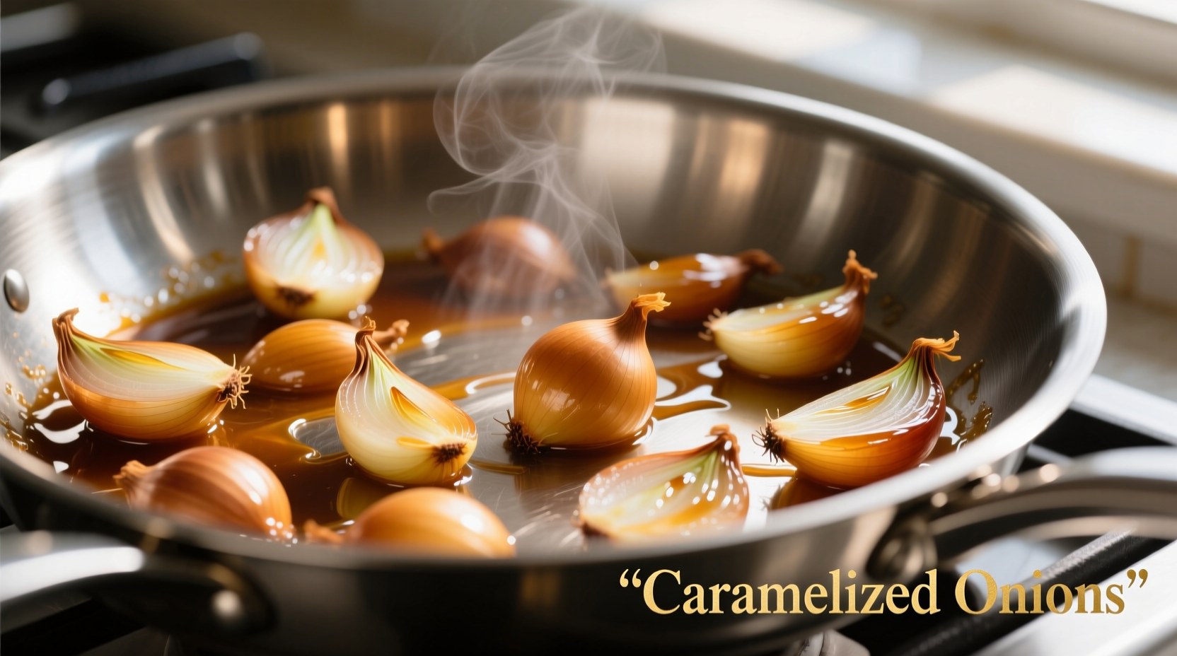 Close-up of caramelizing onions in stainless steel pan