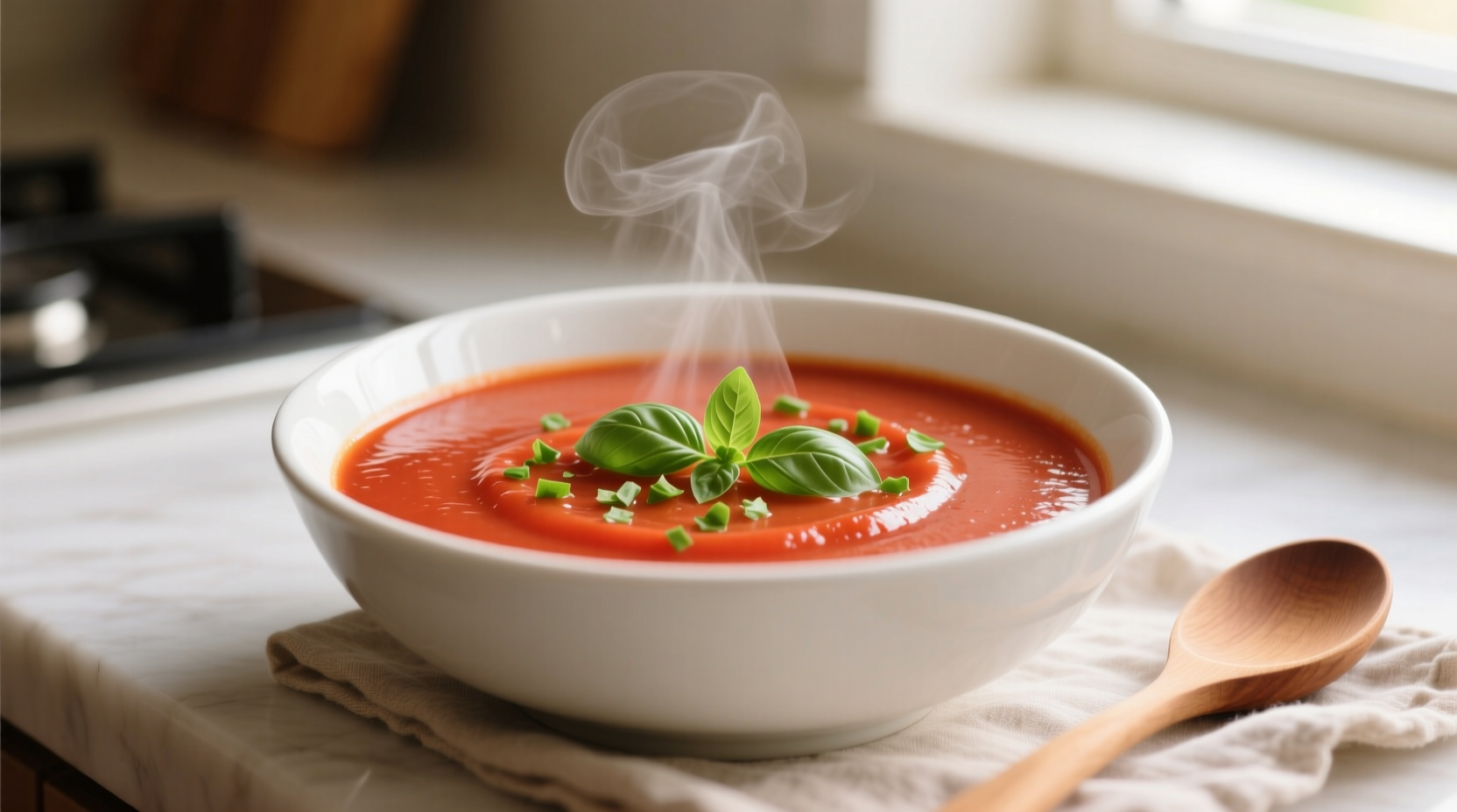 Creamy tomato bisque in white bowl with basil garnish