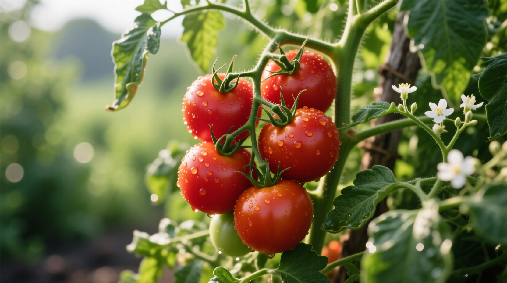 Ripe Stupice tomatoes on vine with green foliage