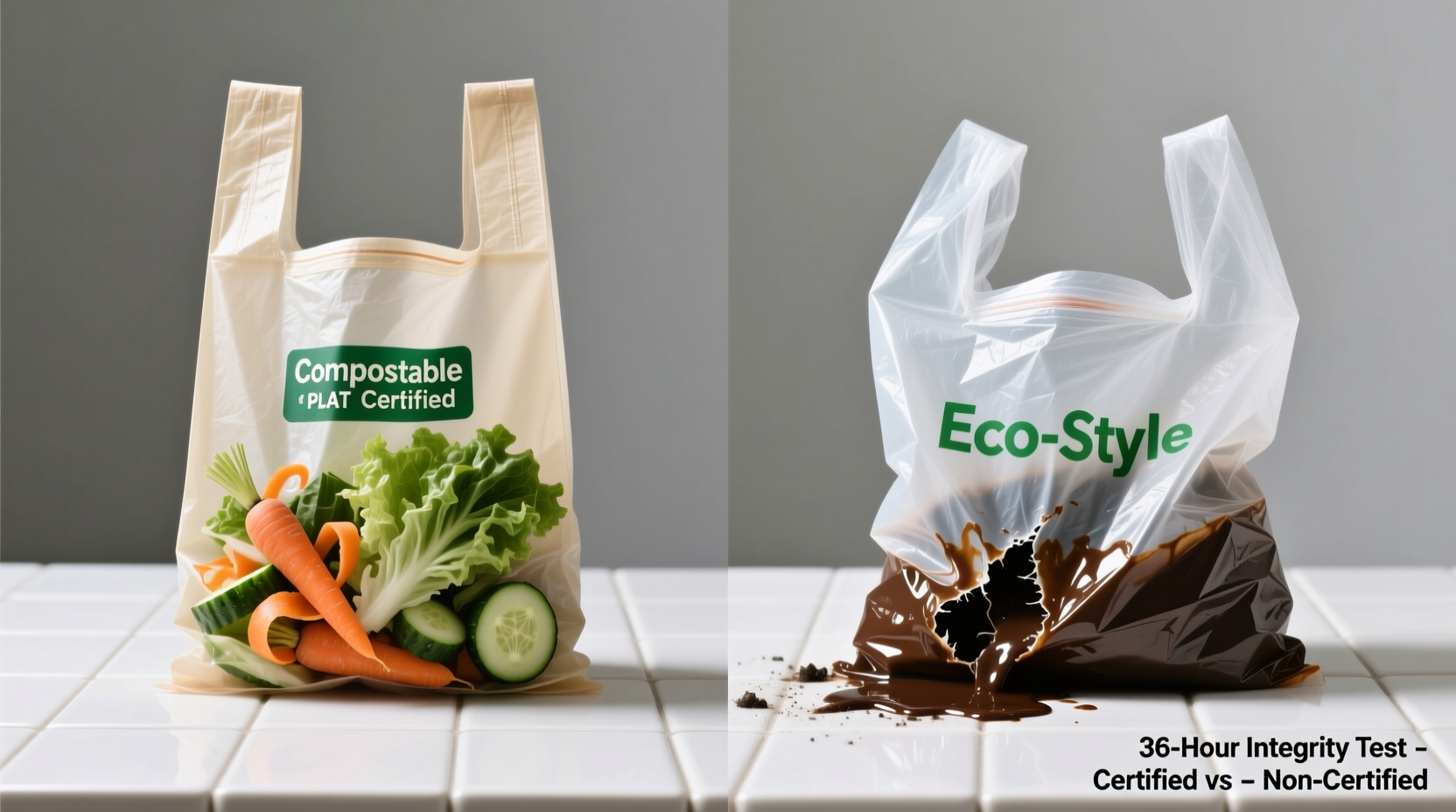 Side-by-side comparison showing a certified PLA/PBAT bag holding moist vegetable scraps without sagging, next to a non-certified 'eco' bag visibly bulging and leaking brown liquid at the seam after 36 hours in identical conditions