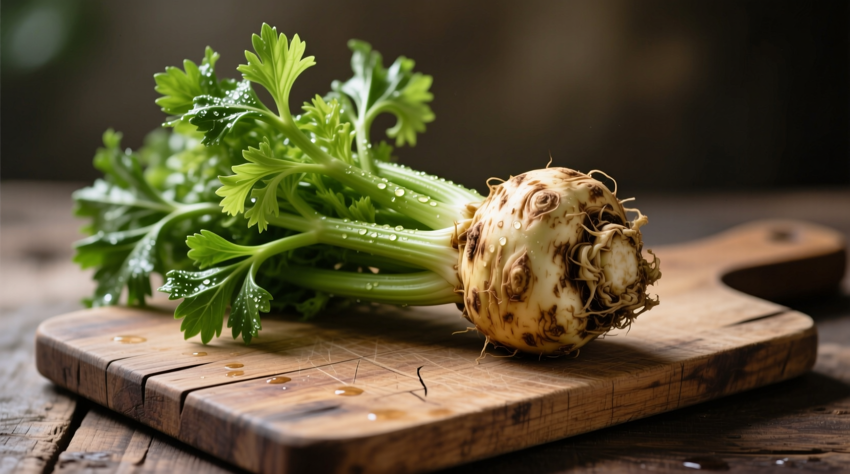 Fresh celery root with leaves on wooden cutting board