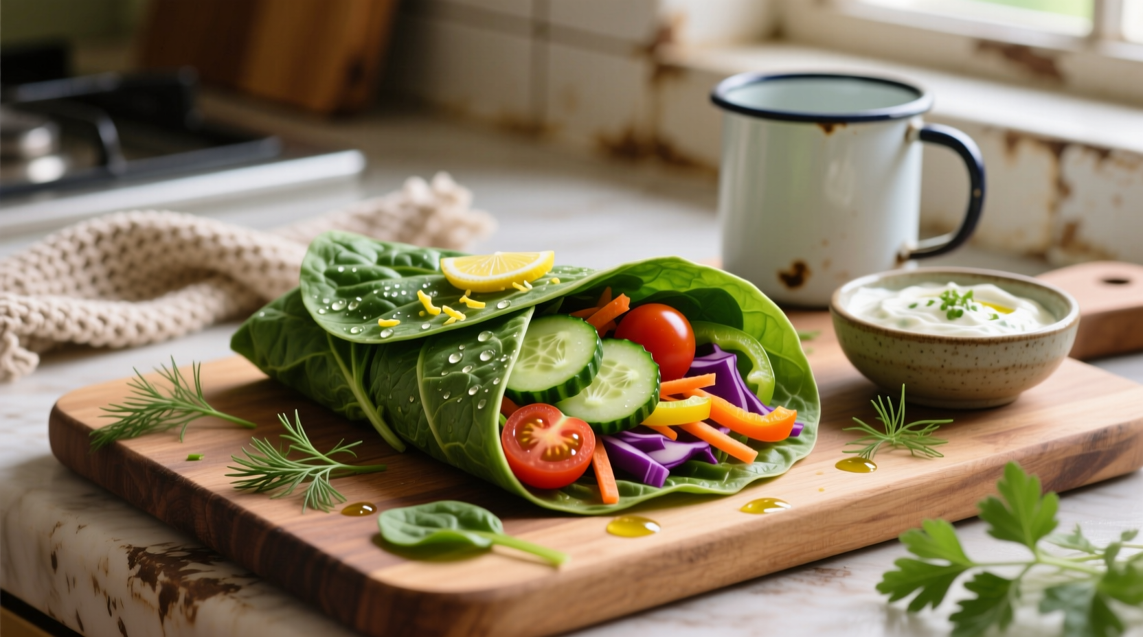 Homemade spinach wraps with fresh vegetable fillings