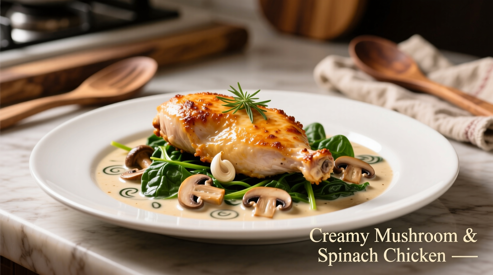 Perfectly cooked chicken with mushrooms and spinach in creamy sauce