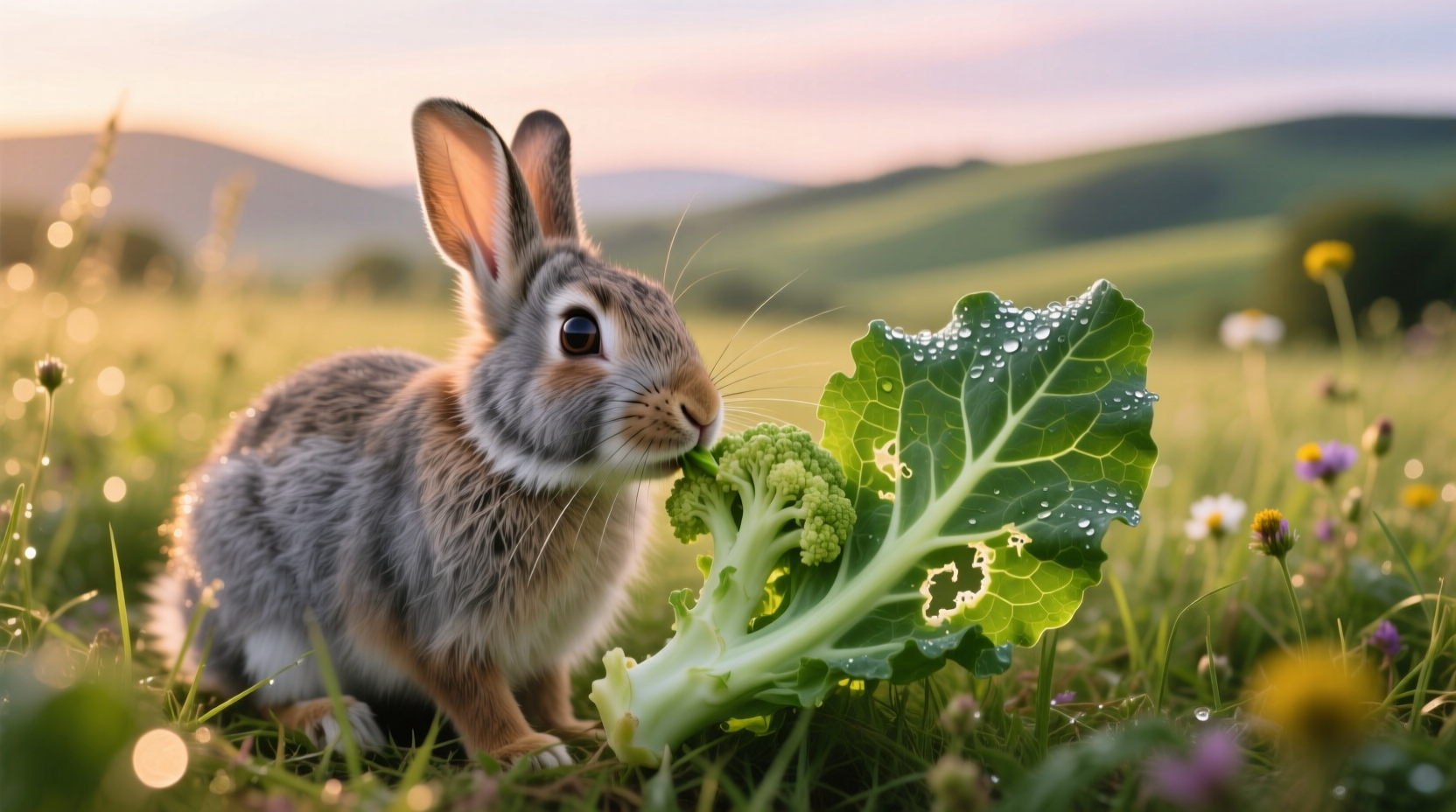 Rabbit nibbling on fresh cauliflower leaf in natural setting