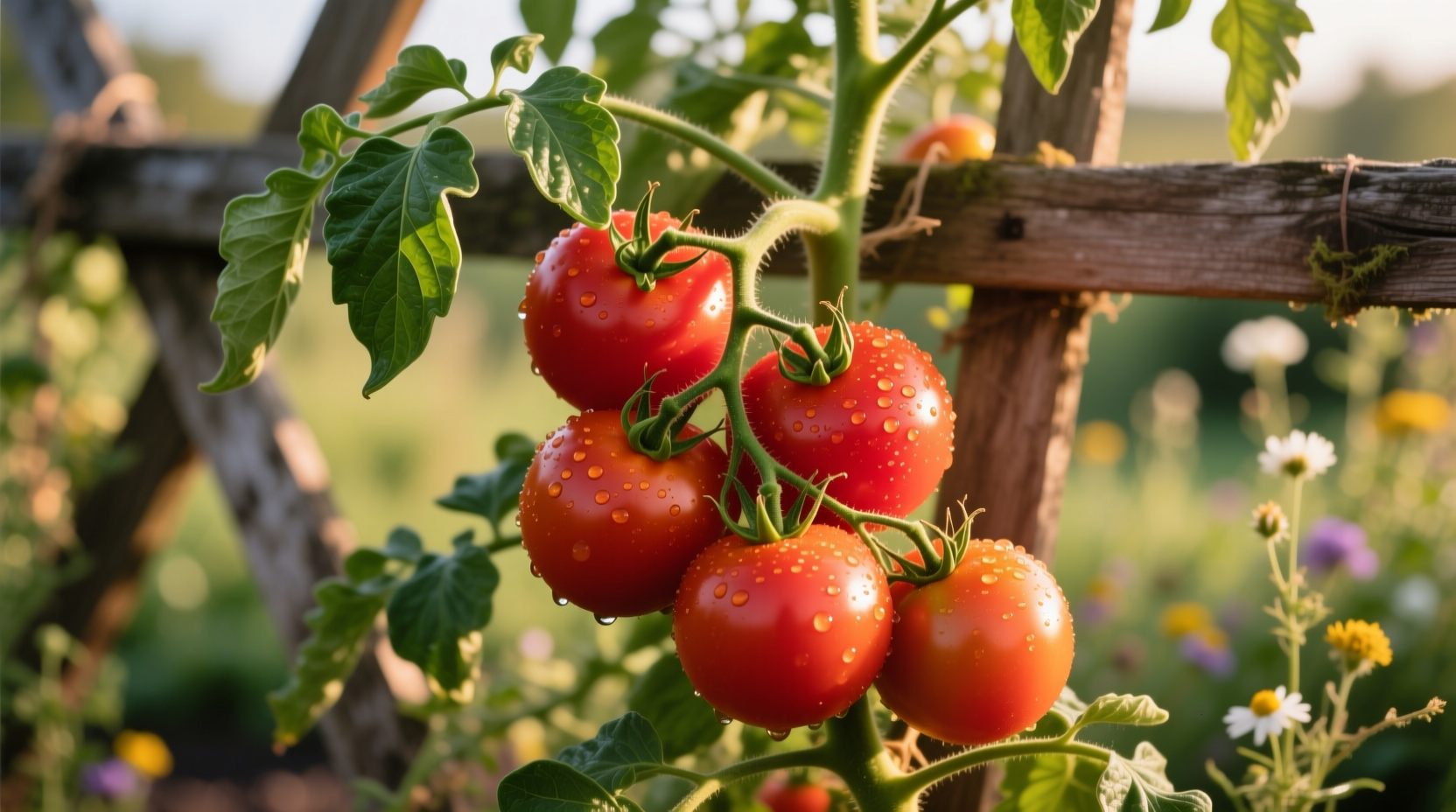 Ripe tomatoes growing on vine in garden