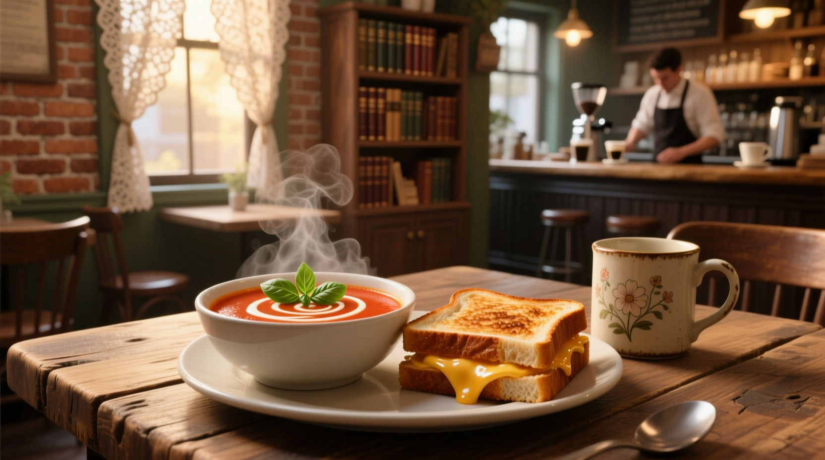 Tomato soup and grilled cheese served in a cozy cafe