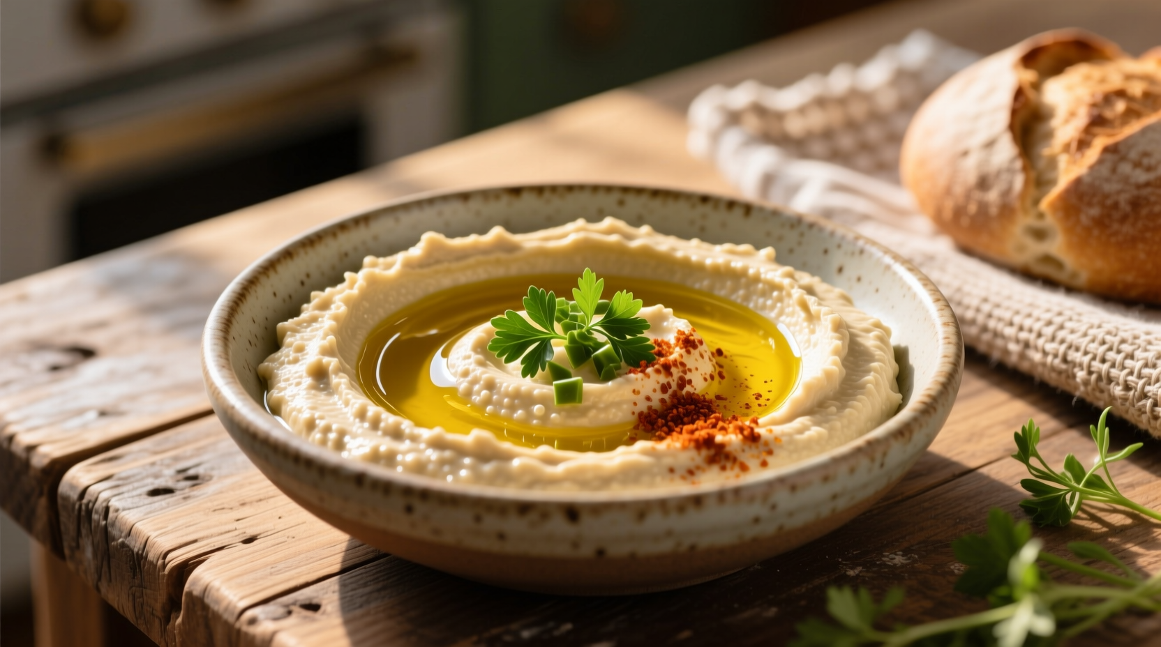 Creamy garlic hummus in bowl with olive oil drizzle