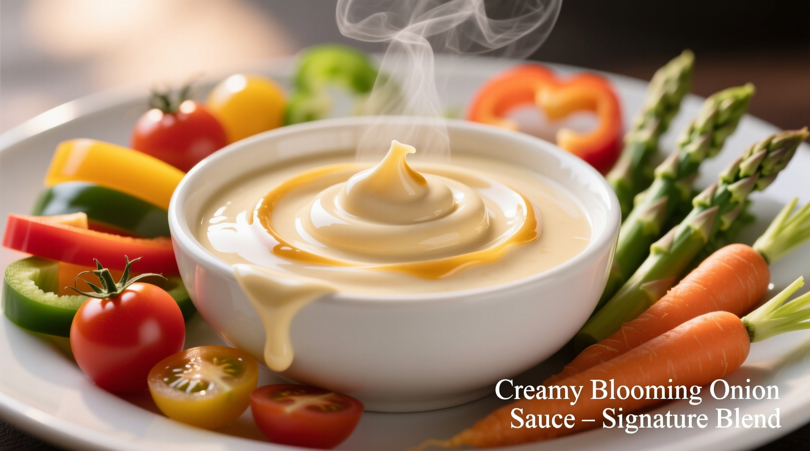 Creamy blooming onion sauce in white bowl with dipping vegetables