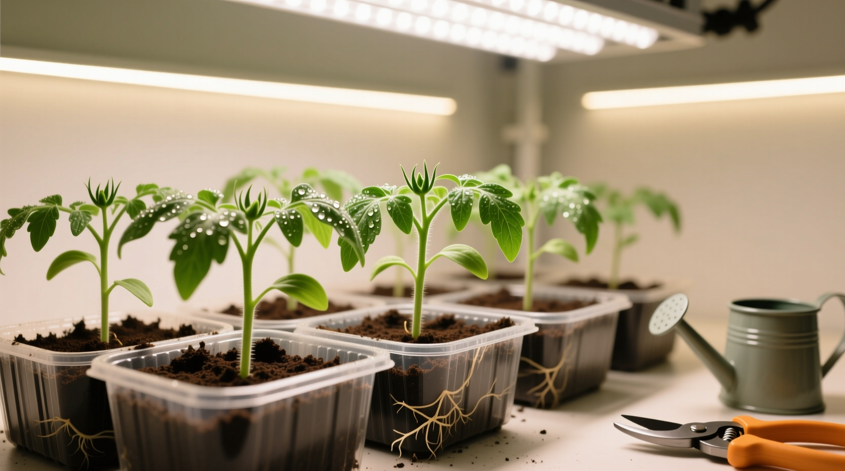 Tomato seedlings growing in starter trays with grow lights