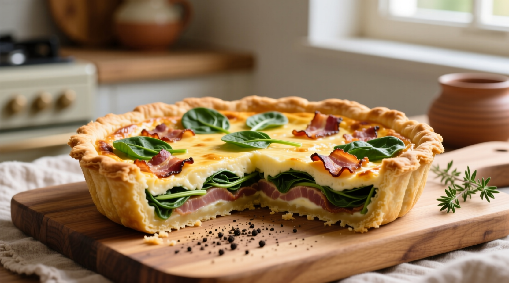Golden spinach bacon quiche with flaky crust